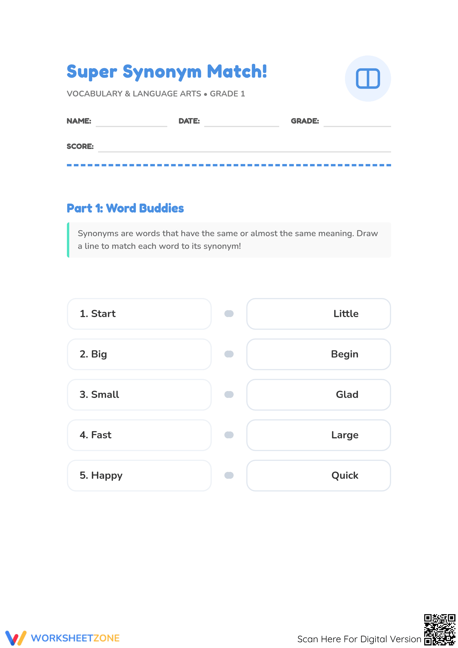 Printable Synonym Match Worksheet | Grade 1 ELA - Page 1