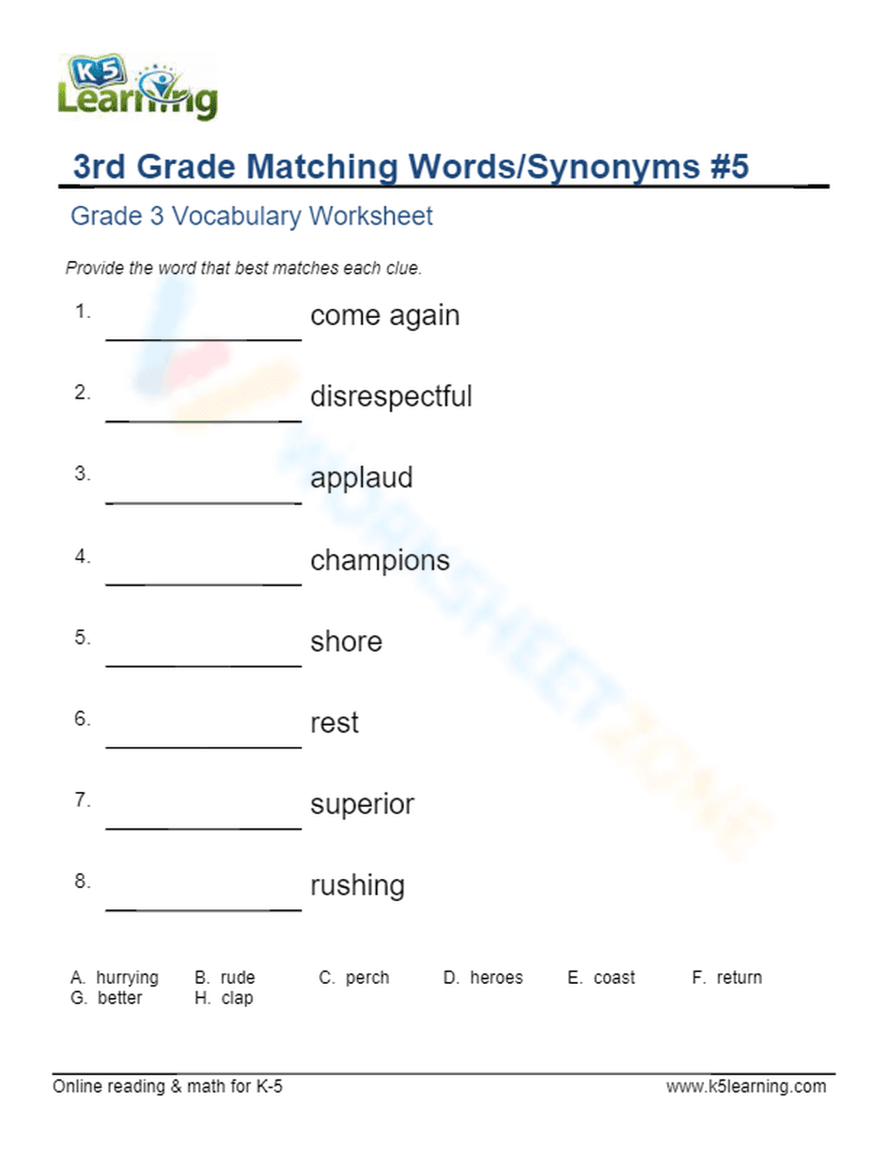 Grade 3 Synonyms — Printable No-Prep Worksheet - Page 1