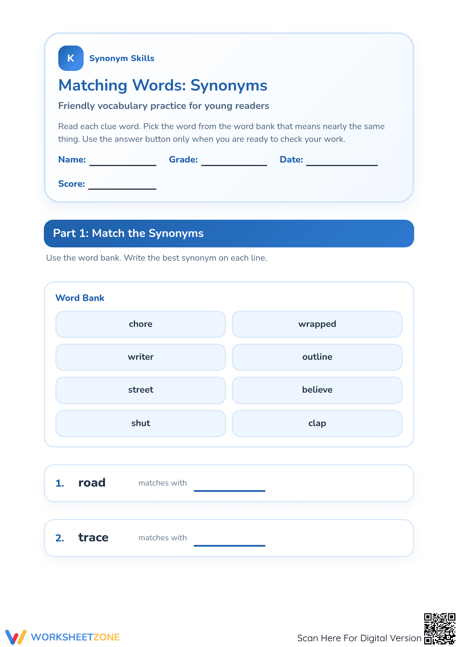 Grade 1 Synonyms — Ready-to-Print No-Prep Worksheet - Page 1