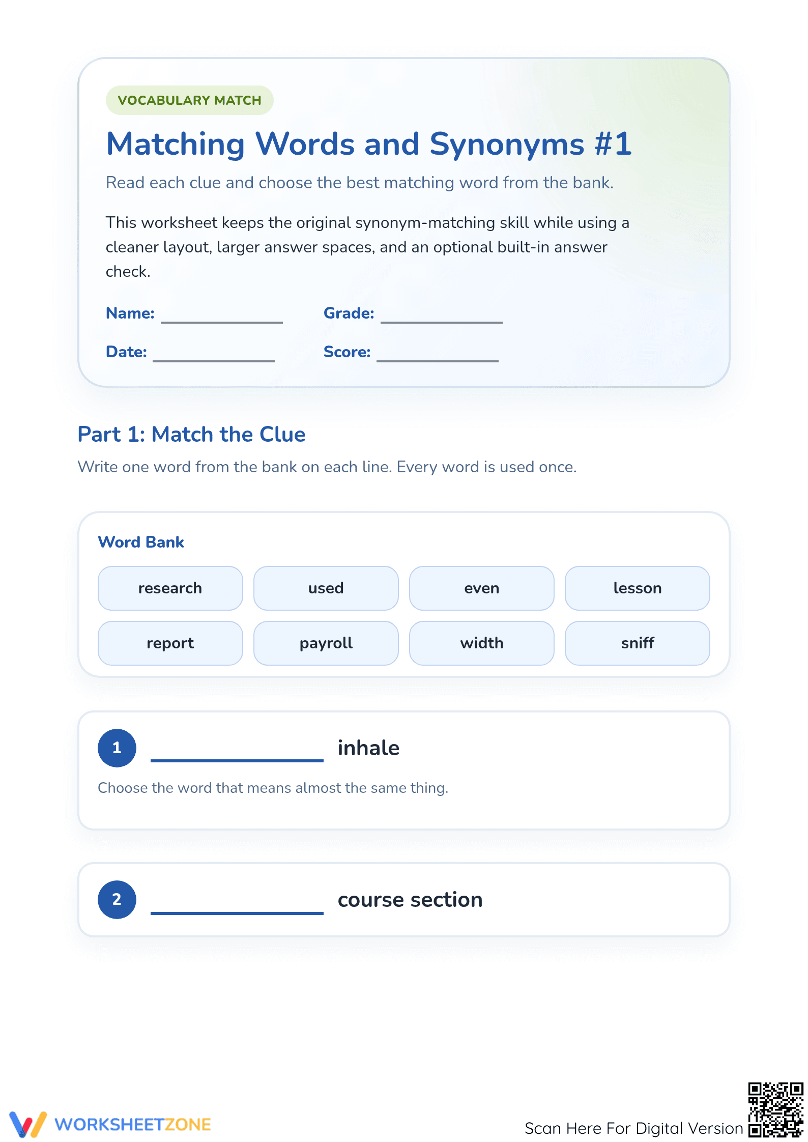 Printable Synonym Match Worksheet | Grade 4 Vocabulary - Page 1