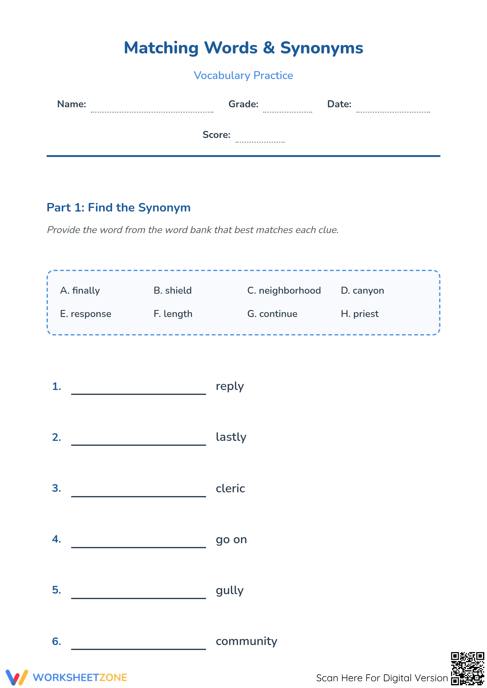 Synonyms Matching Worksheet | Grade 4 ELA Printable - Page 1