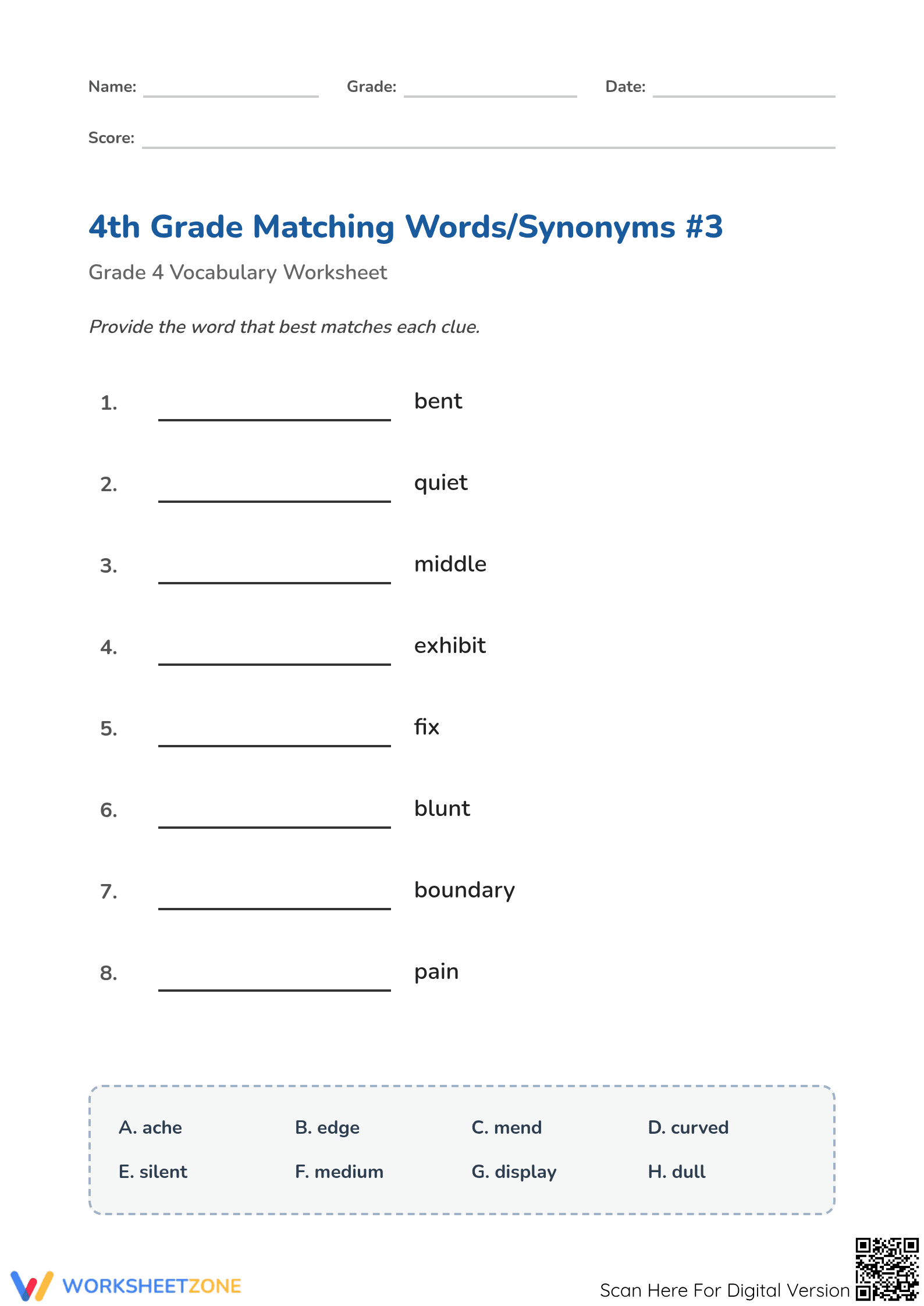 Grade 4 Synonym Matching — Printable No-Prep Worksheet - Page 1