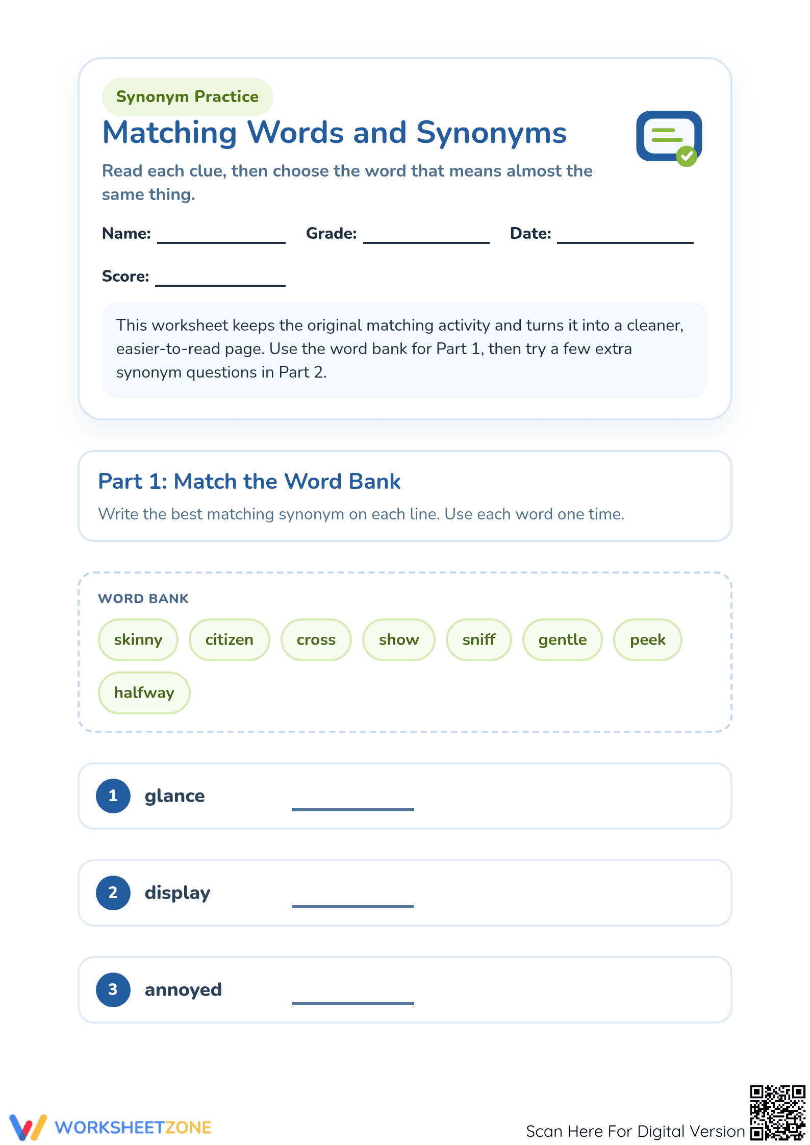 Essential Synonym Practice Worksheet | Grade 1 ELA - Page 1