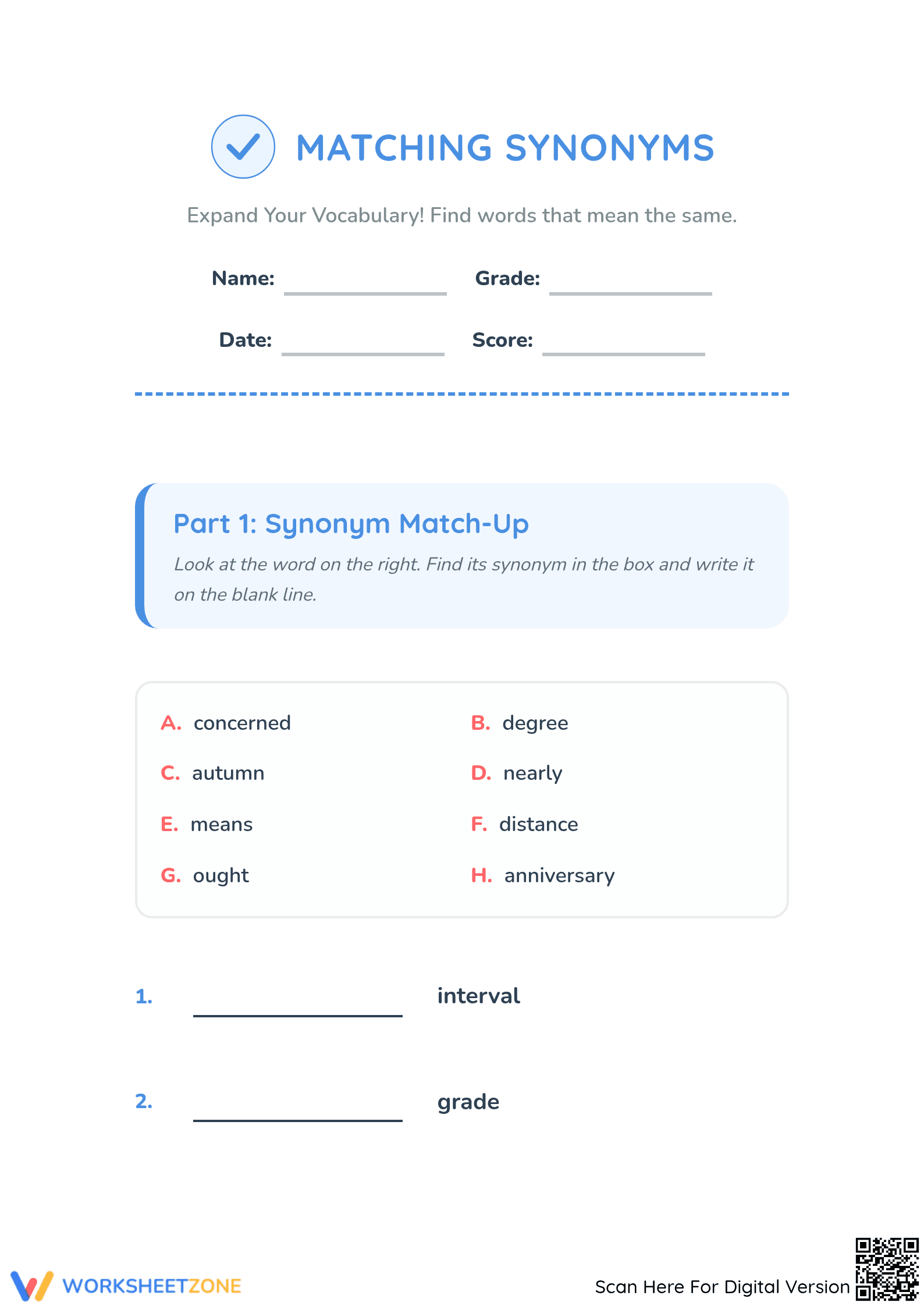 Printable Synonym Matching Worksheet | Grade 5 Vocabulary - Page 1