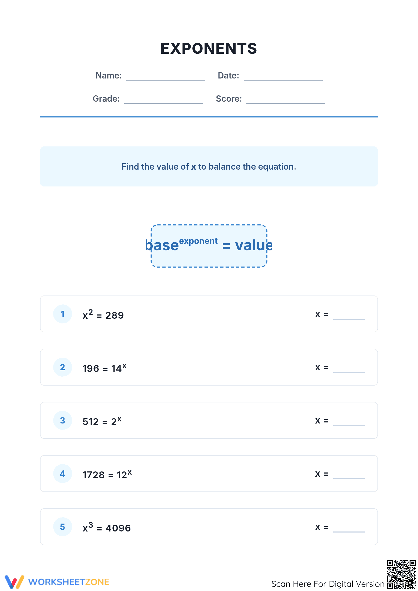 Printable Exponents Worksheet | Grade 6-8 Math - Page 1
