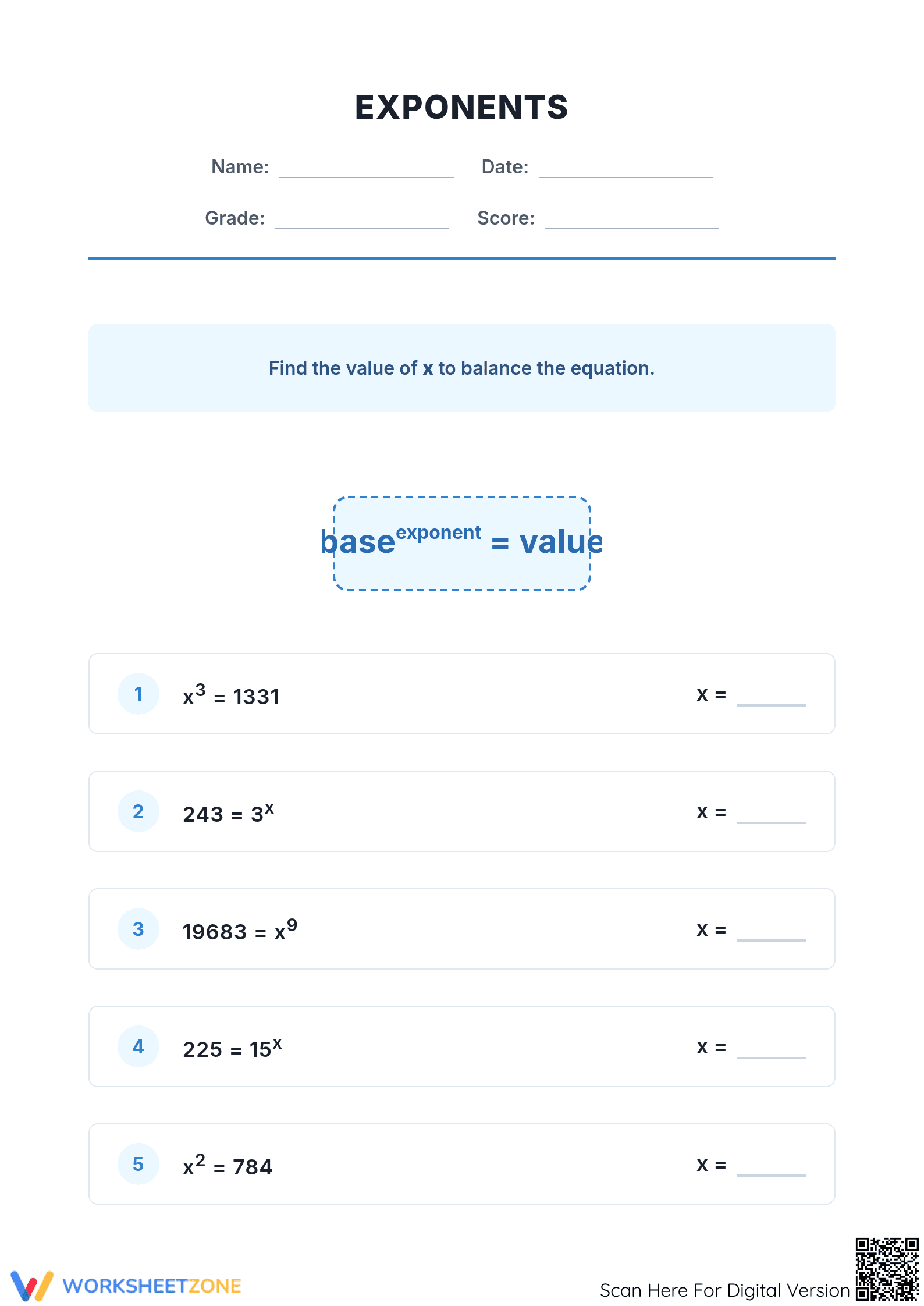 Essential Exponents Worksheet | Grade 6-8 Math Practice - Page 1