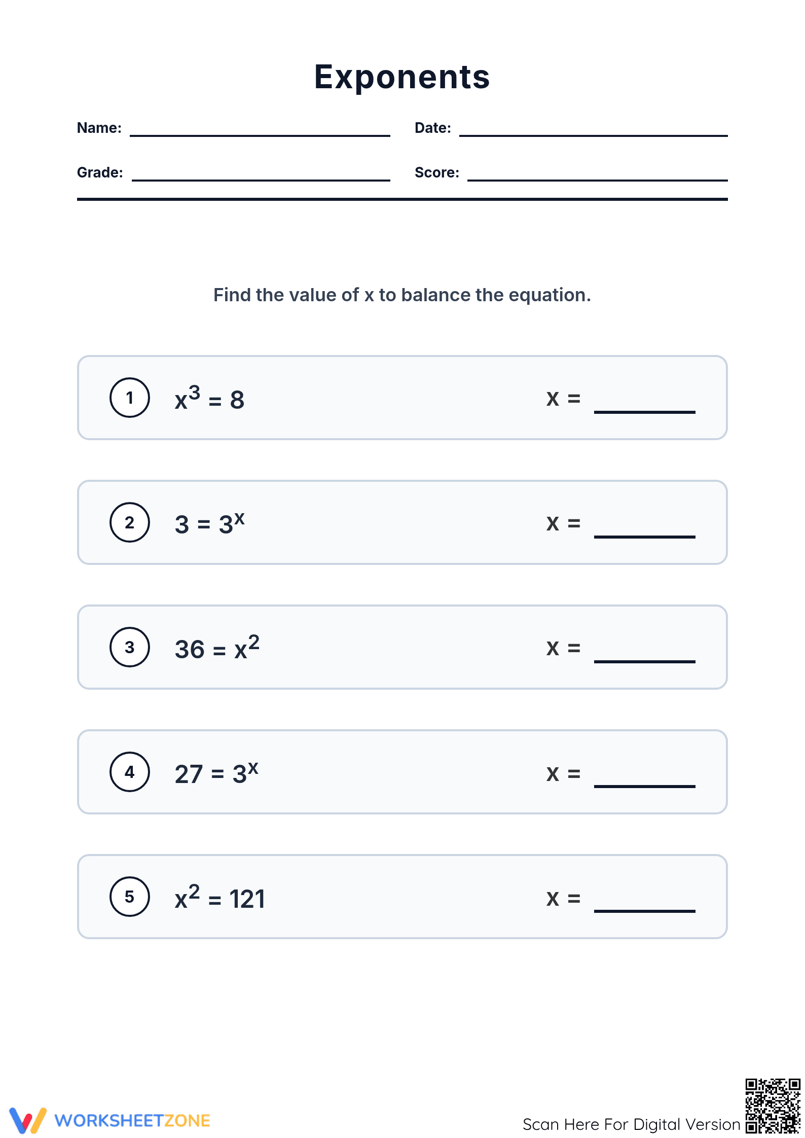 Grade 8 Exponents — Essential Printable No-Prep Worksheet - Page 1
