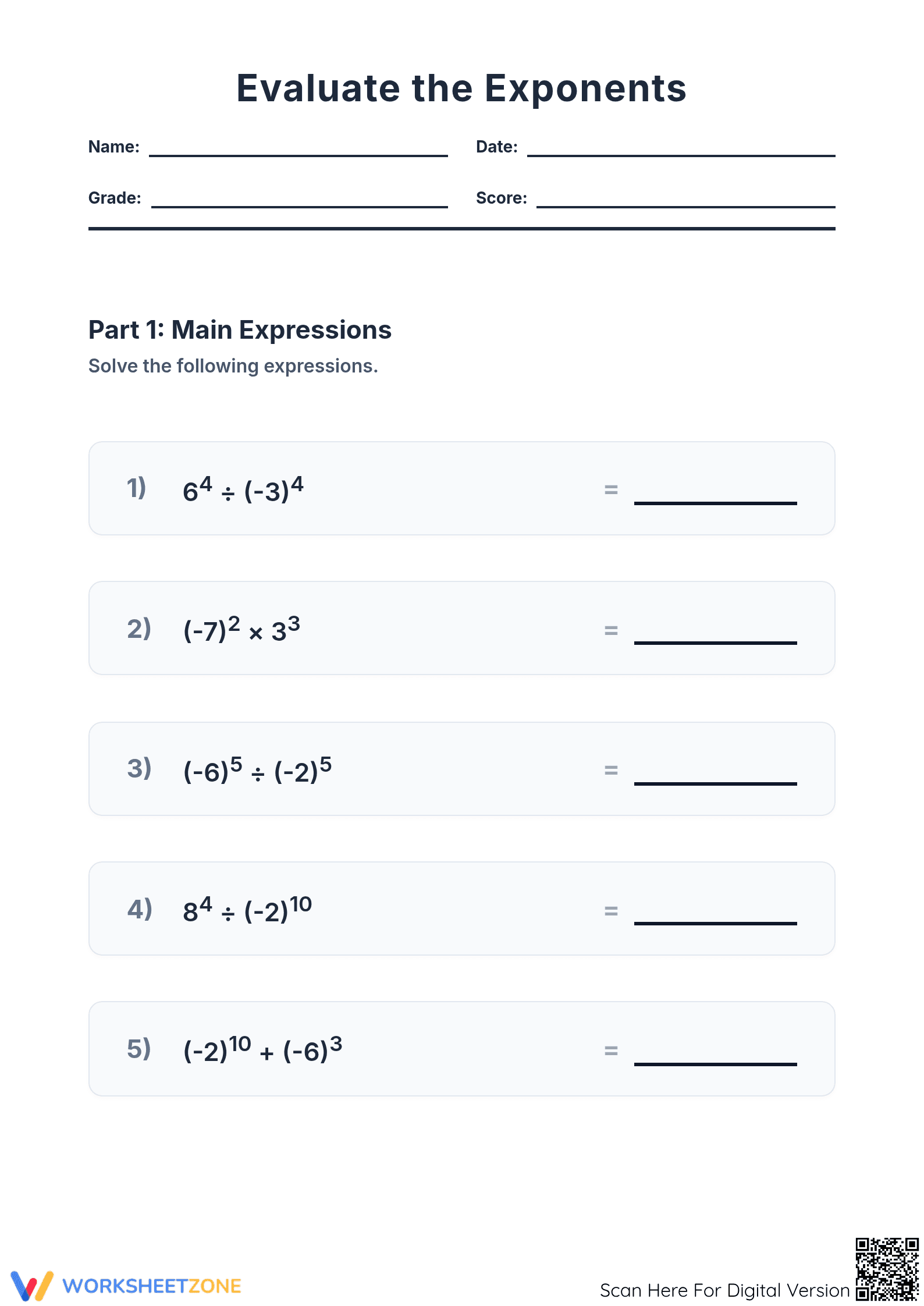 Grade 8 Exponent Evaluation — Printable No-Prep Worksheet - Page 1