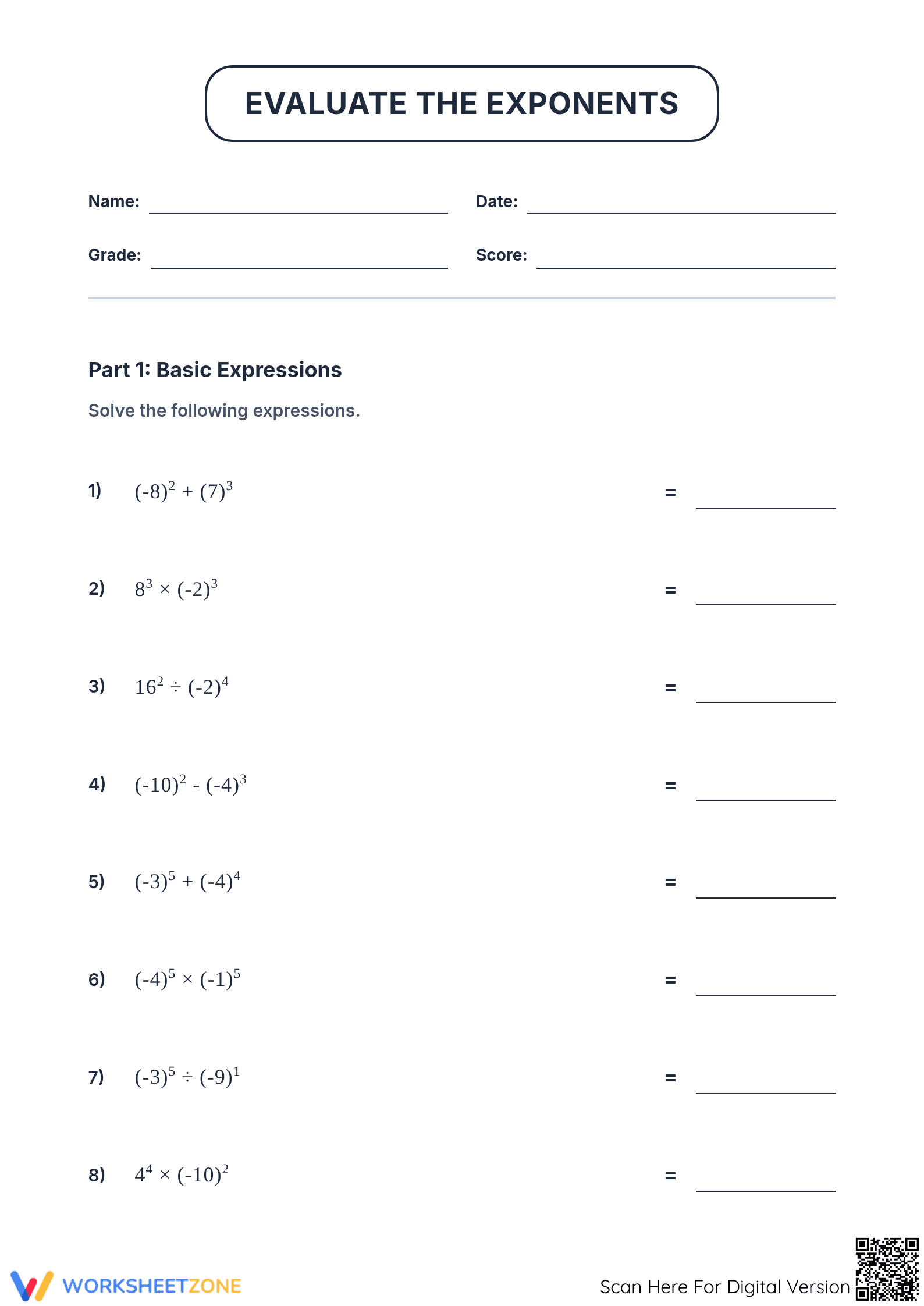 Essential Negative Base Exponents Worksheet | Grade 8 Math - Page 1