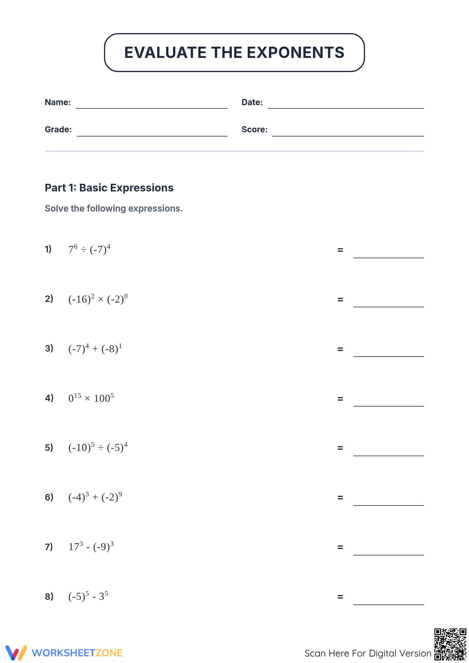 Grade 8 Exponents with Negative Bases | Printable Worksheet - Page 1
