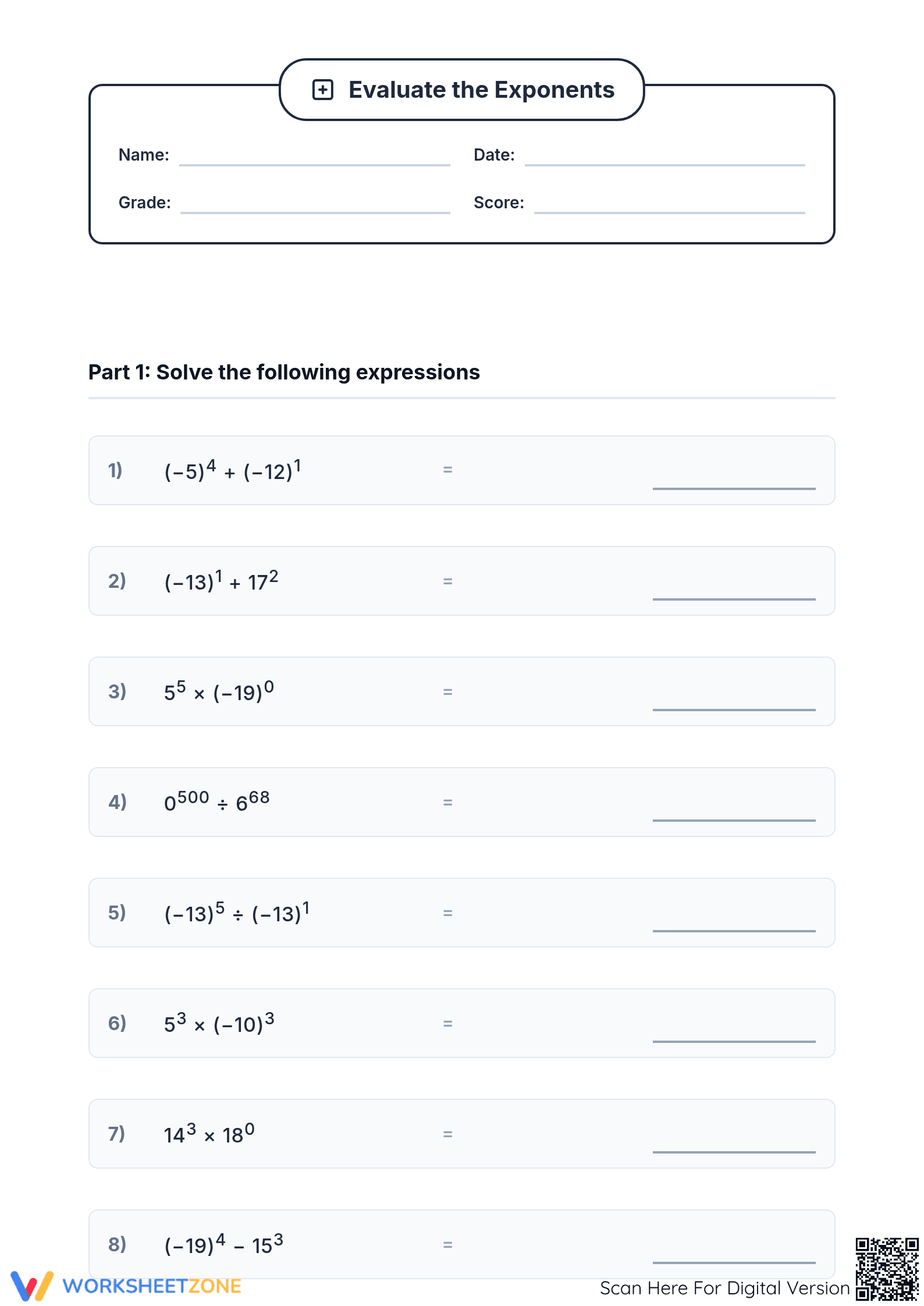 Essential Negative Base Exponents Worksheet | Grade 8 Math - Page 1
