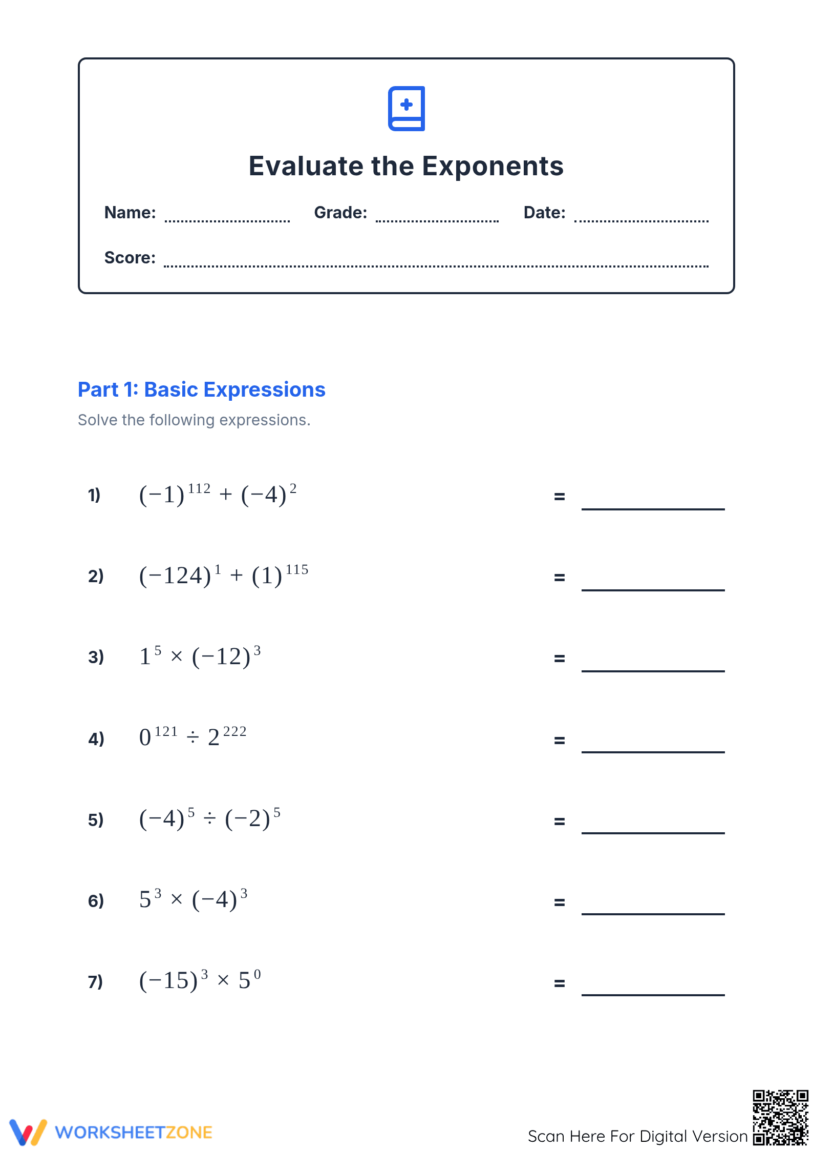 Essential Exponents Practice | Grade 8 Math Worksheet - Page 1