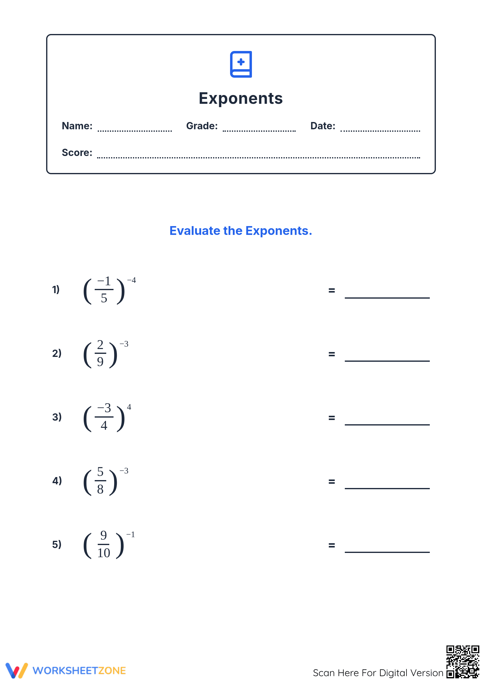 Essential Exponents & Fractions Worksheet | Grades 6-8 - Page 1