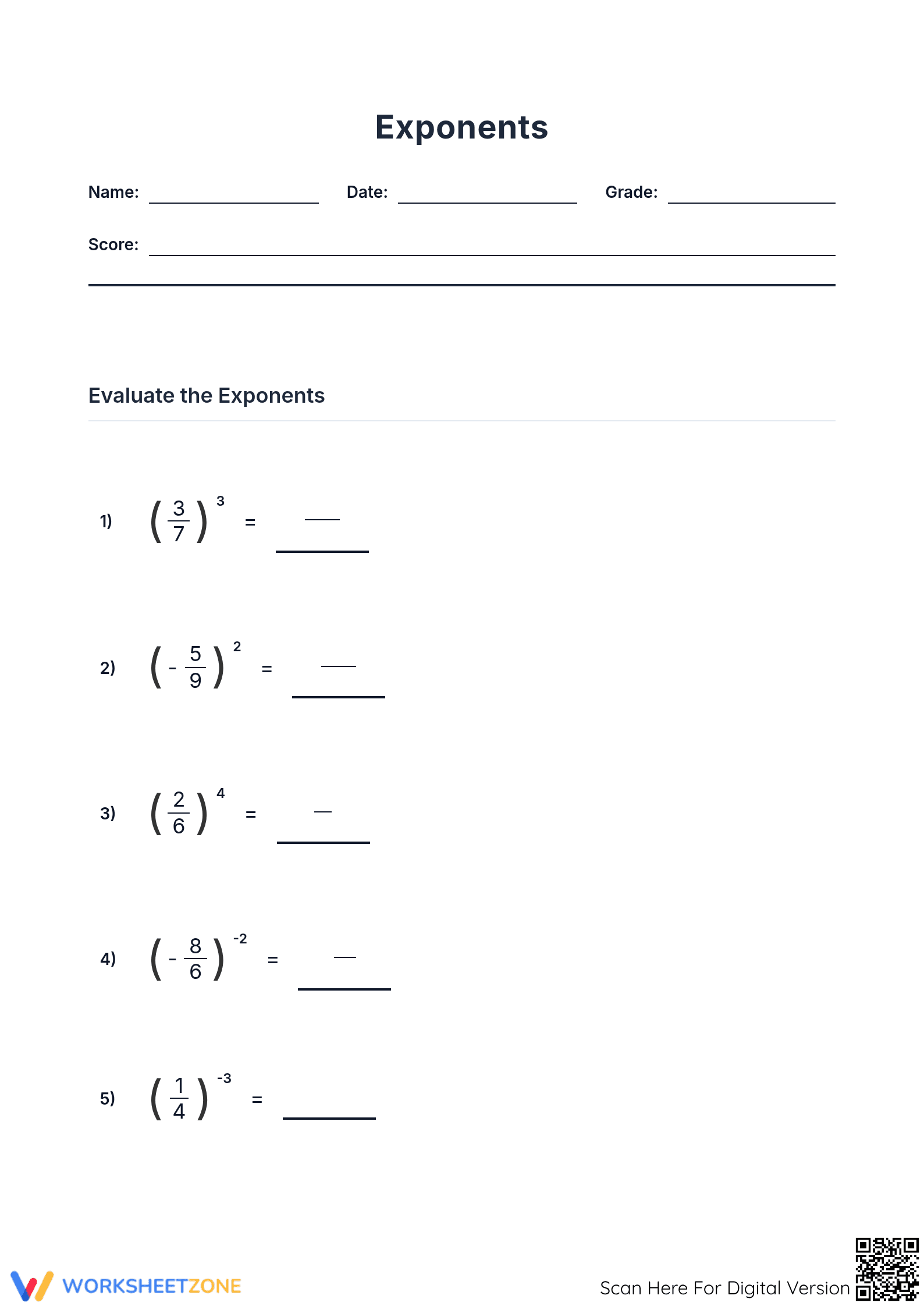 Printable Evaluating Exponents with Fractions Worksheet | Grade 8 - Page 1