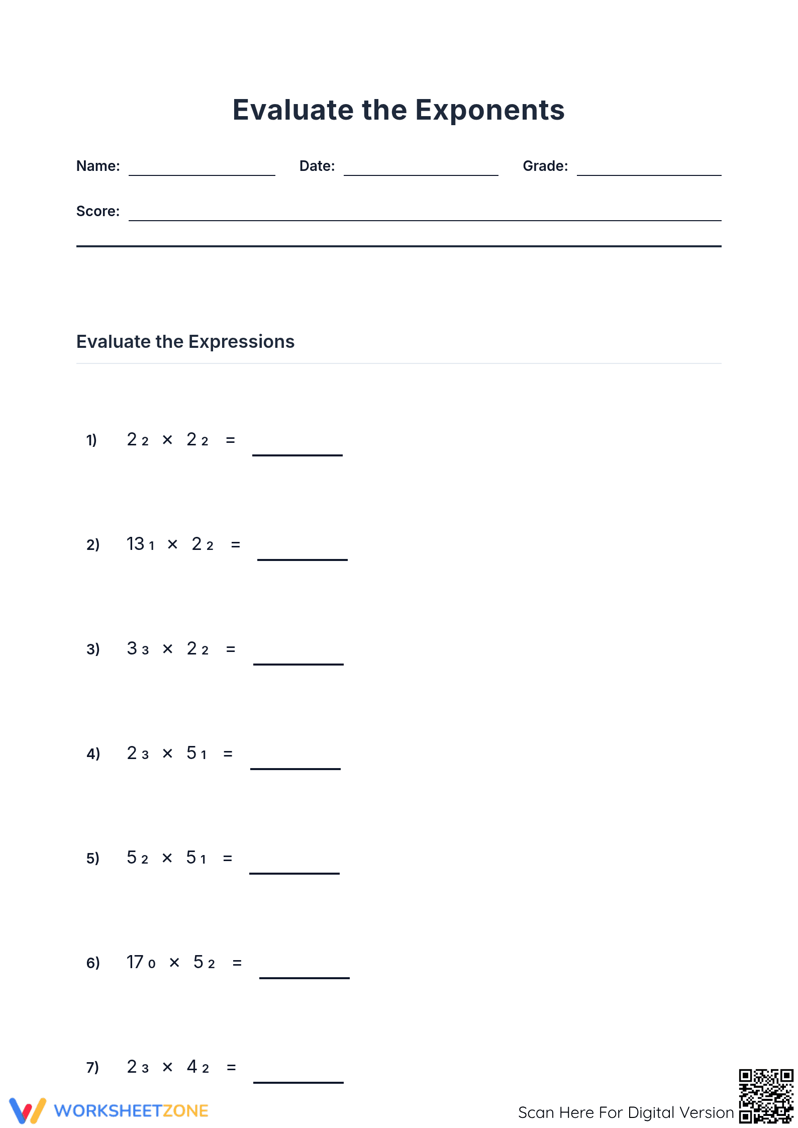 Evaluate Exponents Worksheet | Grade 6-8 Printable - Page 1
