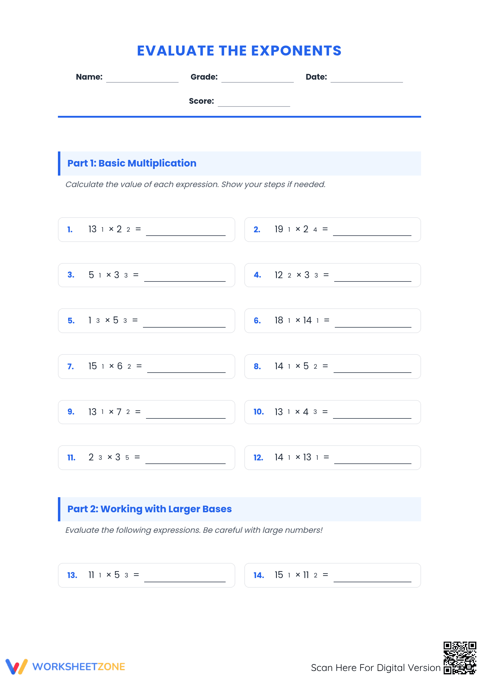 Printable Evaluating Exponents Worksheet | Grade 6-8 Math - Page 1