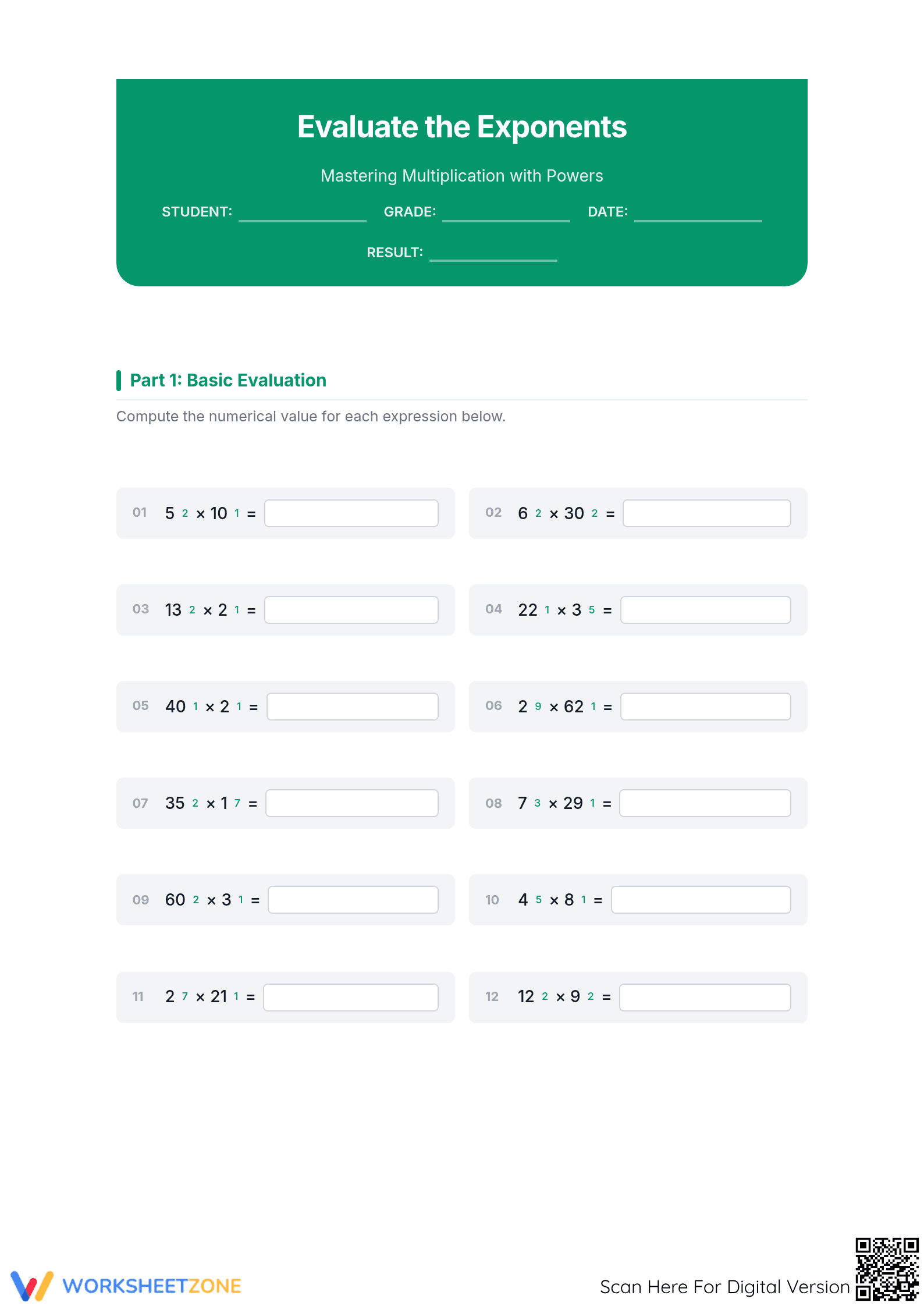 Printable Exponent Multiplication & Evaluation Worksheet - Page 1