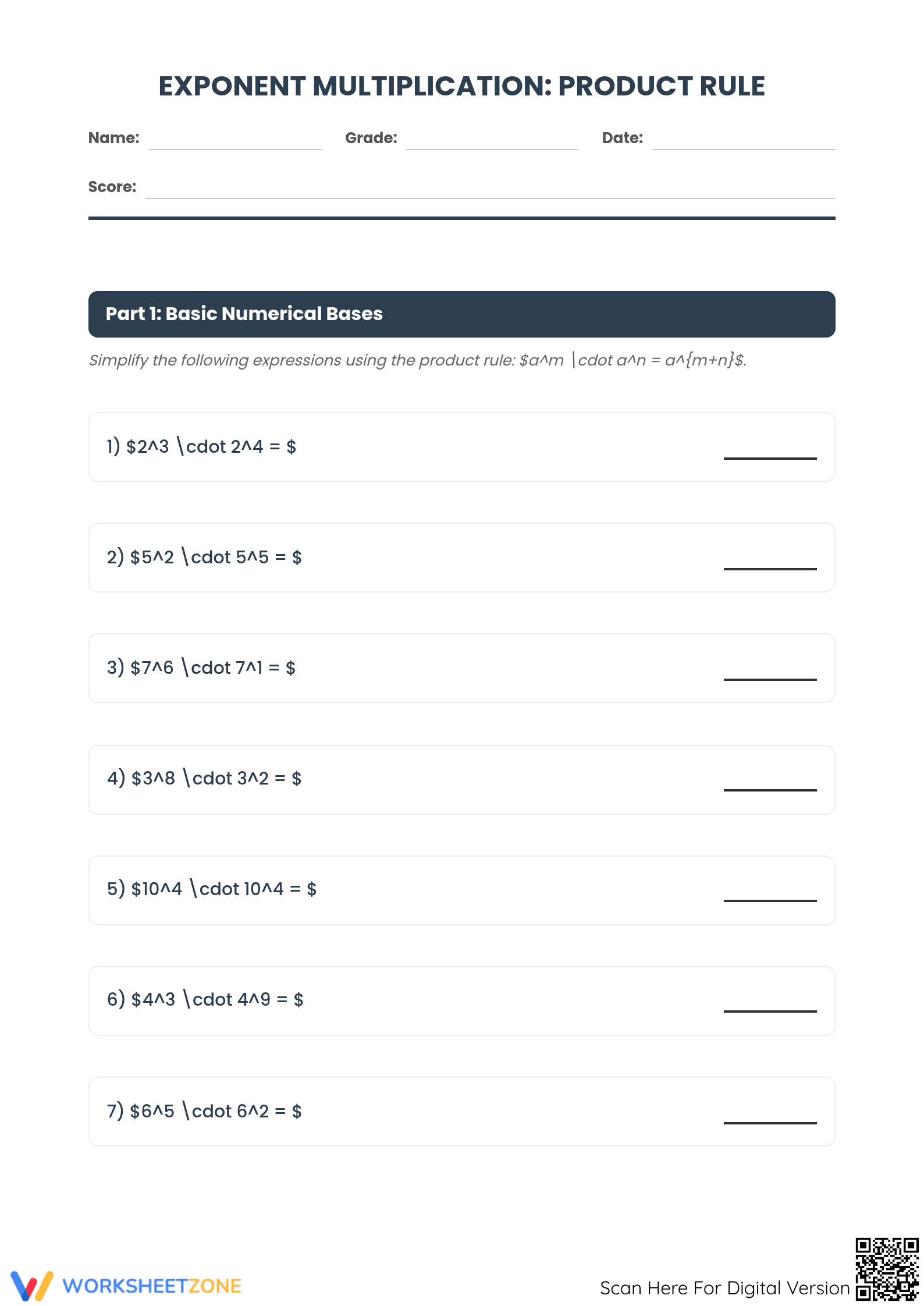 Printable Exponent Multiplication Worksheet | Grade 8 Math - Page 1