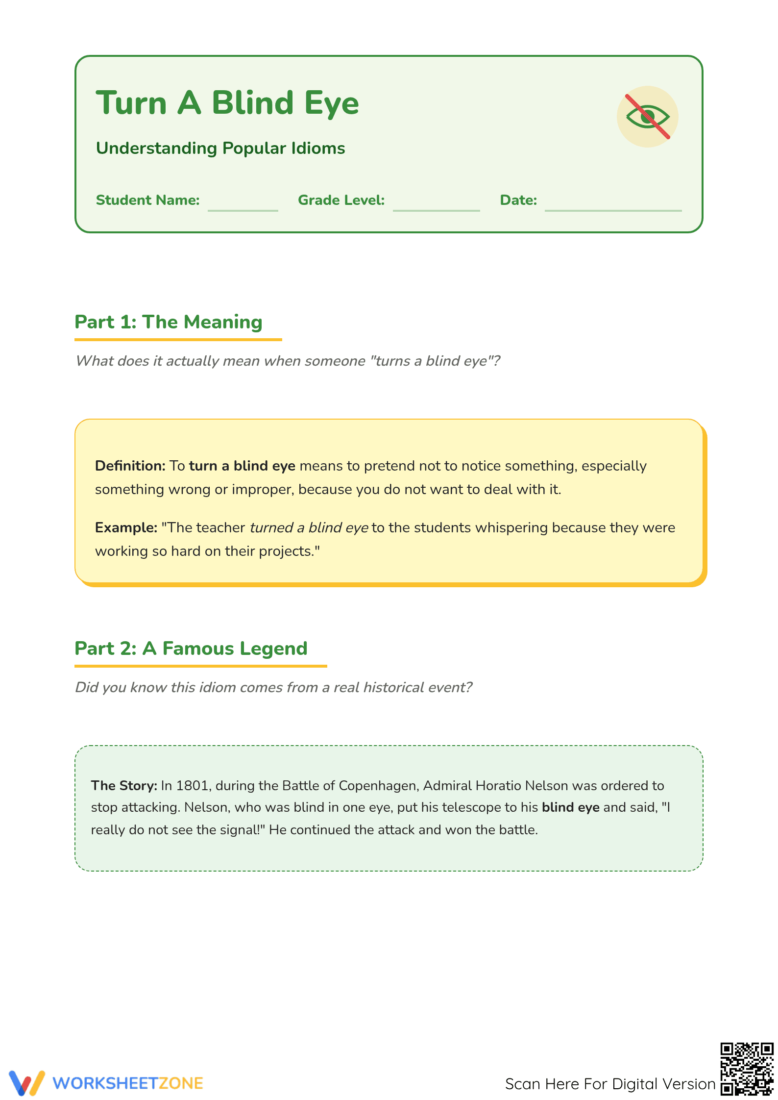 Turn a Blind Eye Idiom Worksheet | Grade 3-6 Essential - Page 1