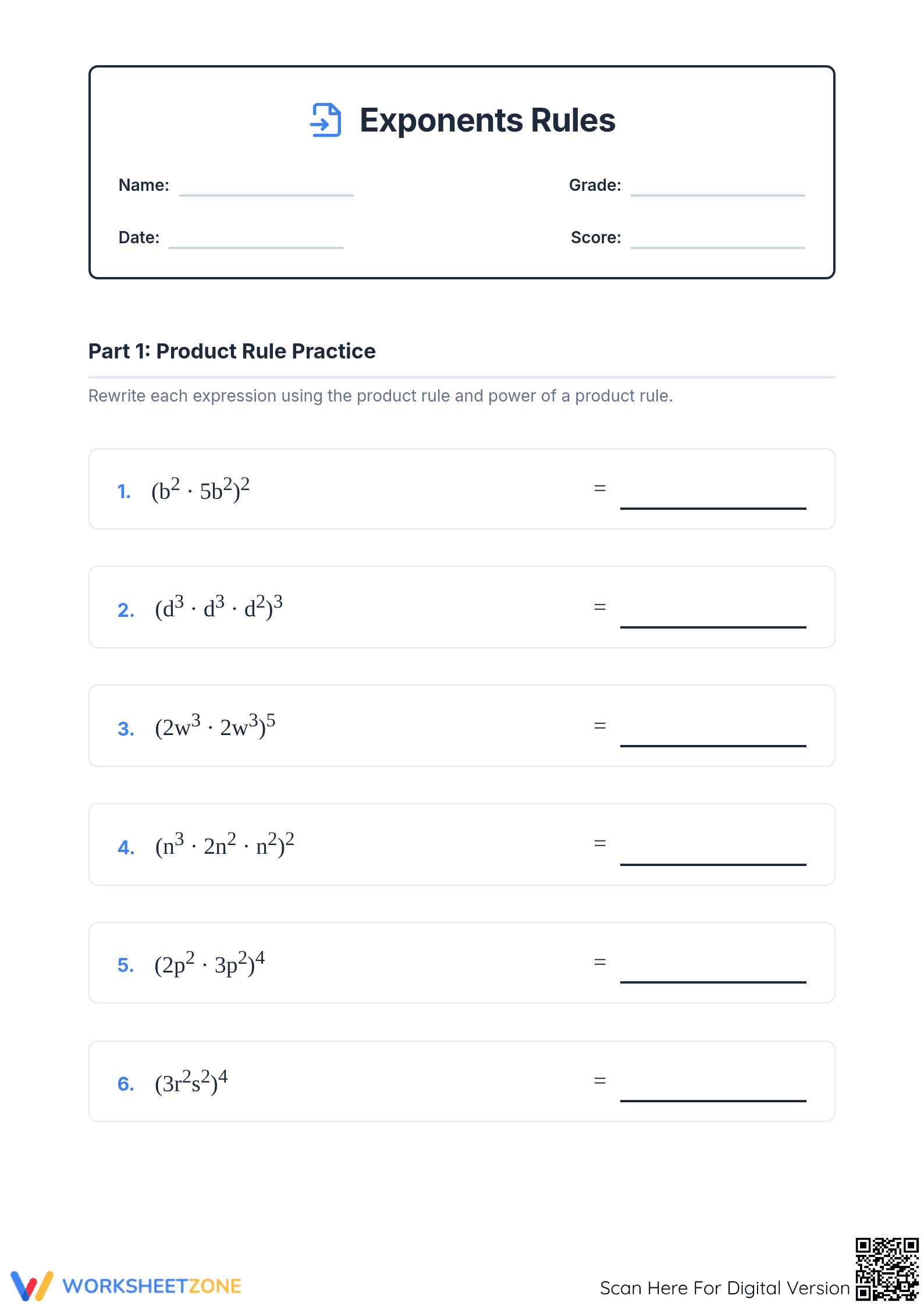 Printable Exponents Rules Practice Worksheet | Grade 8 Math - Page 1