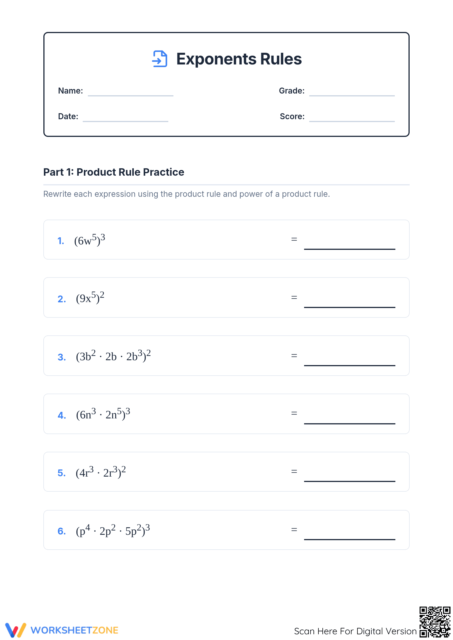 Printable Exponents Rules Practice | Grade 8 Math - Page 1