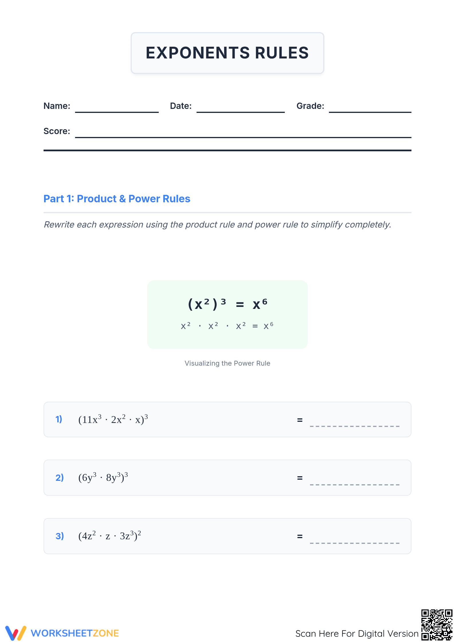 Printable Exponents Rules Worksheet | Grades 6-8 Math - Page 1