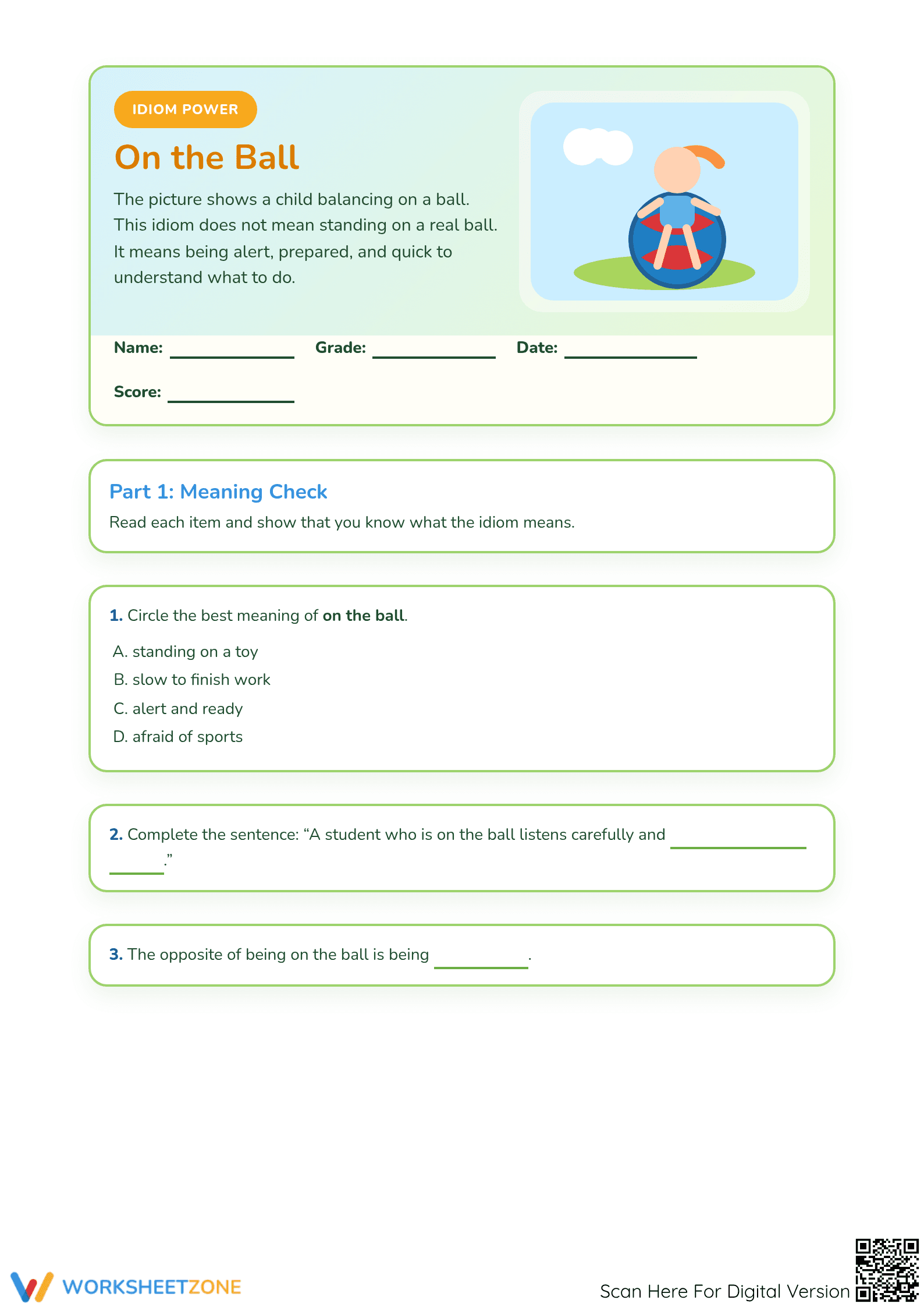 Printable On the Ball Idiom Worksheet | Grades 3-6 ELA - Page 1
