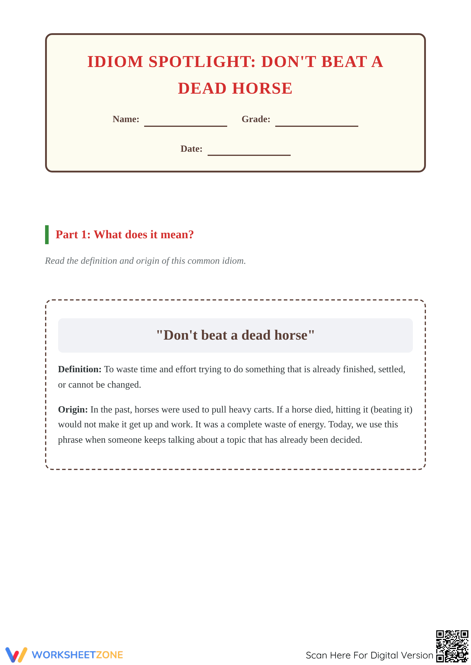 Printable Idiom Worksheet: Dead Horse | Grade 4 ELA - Page 1
