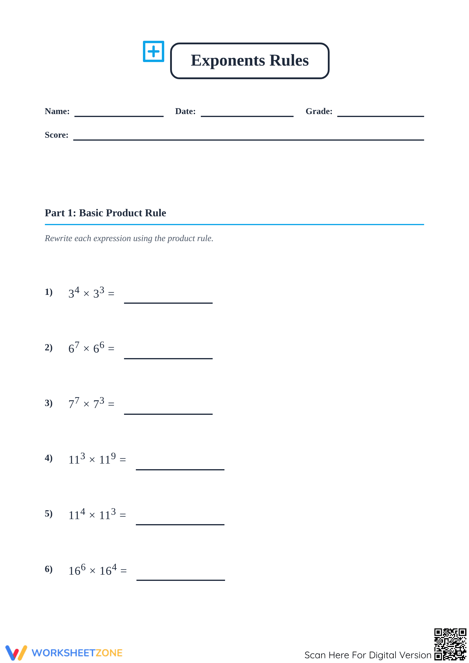 Printable Exponents Product Rule Worksheet | Grades 6-9 Math - Page 1