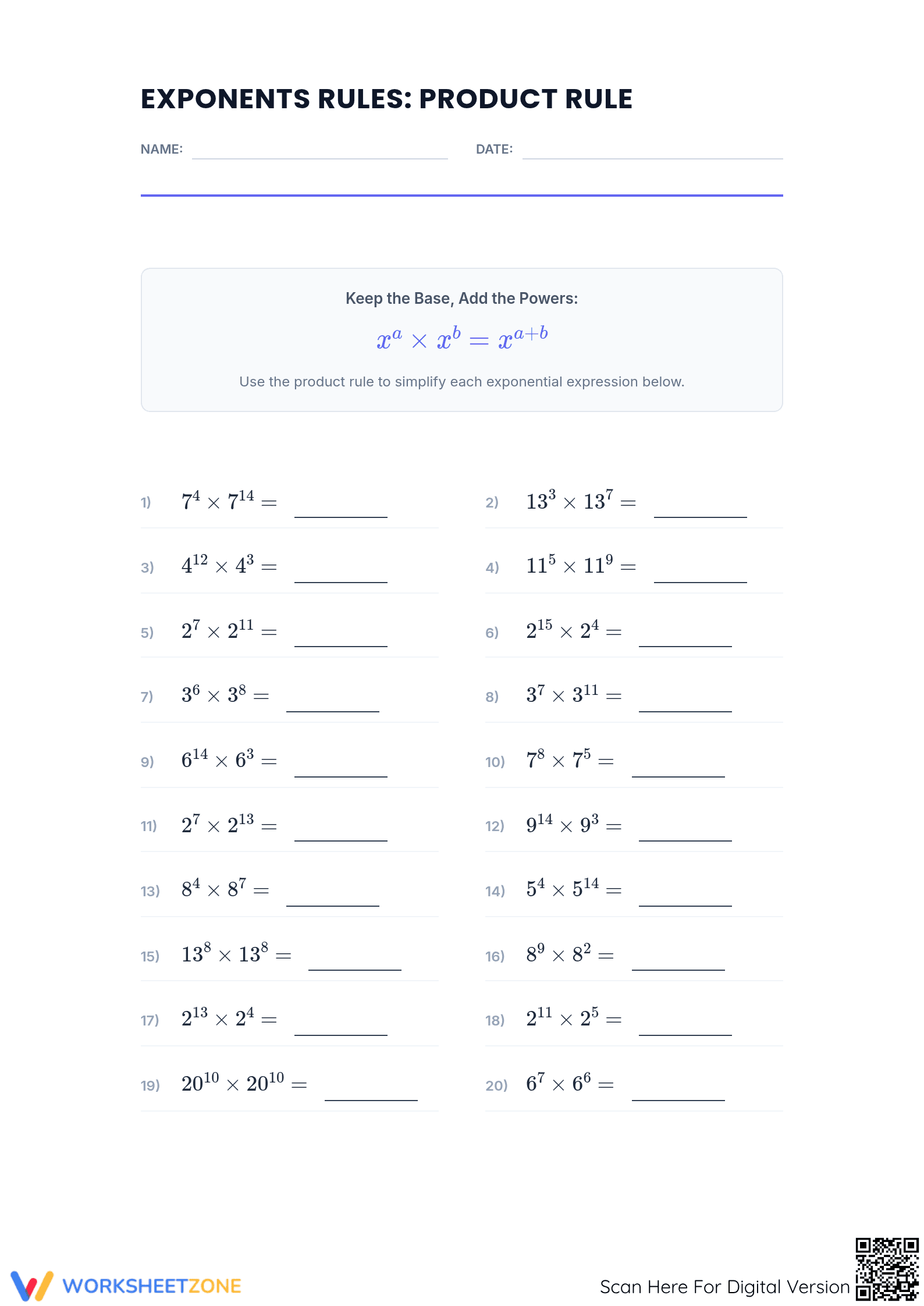 Essential Exponents Product Rule Worksheet | Grade 8 Math - Page 1