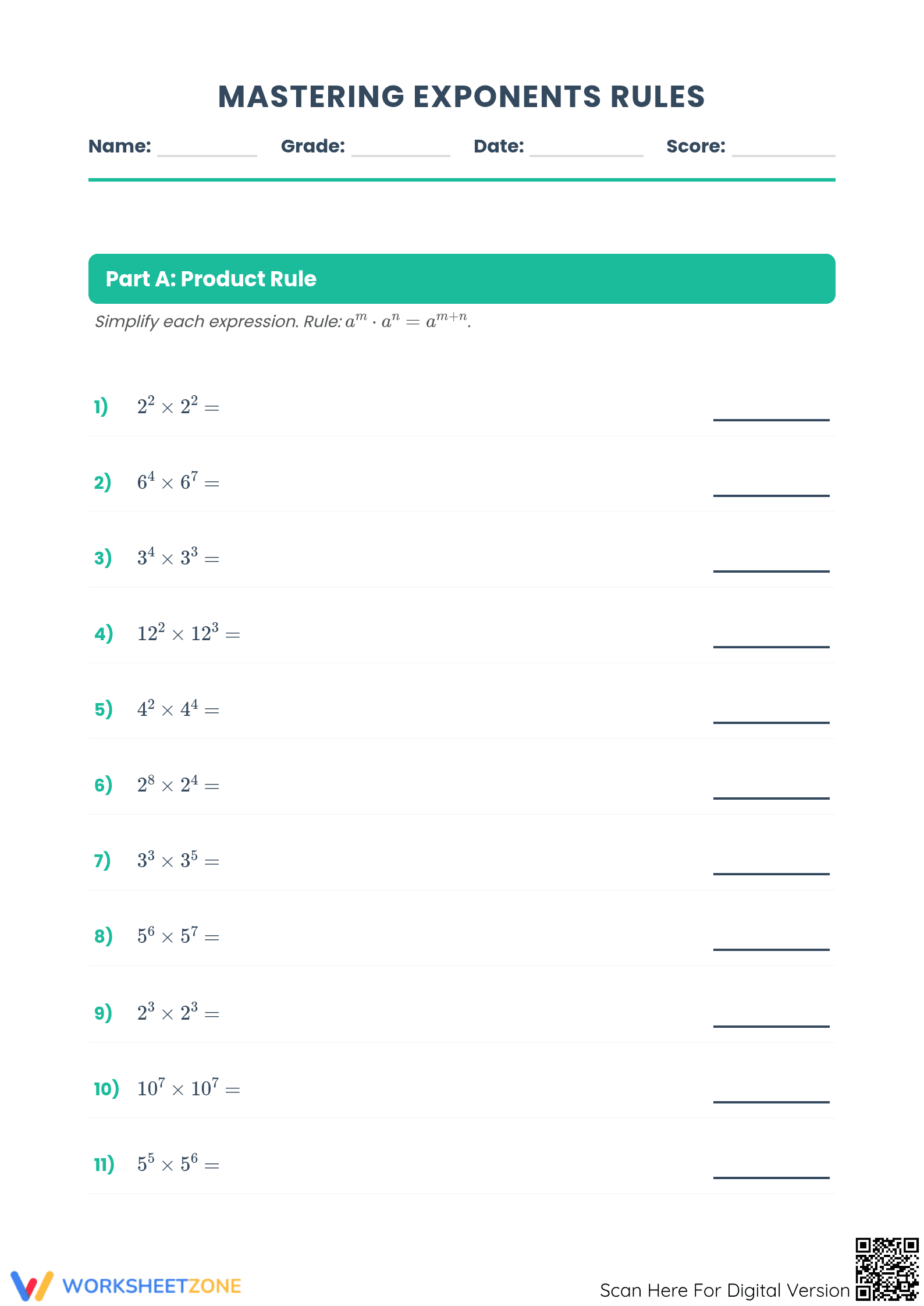 Exponents Rules Practice Worksheet | Essential Grade 8 Math - Page 1