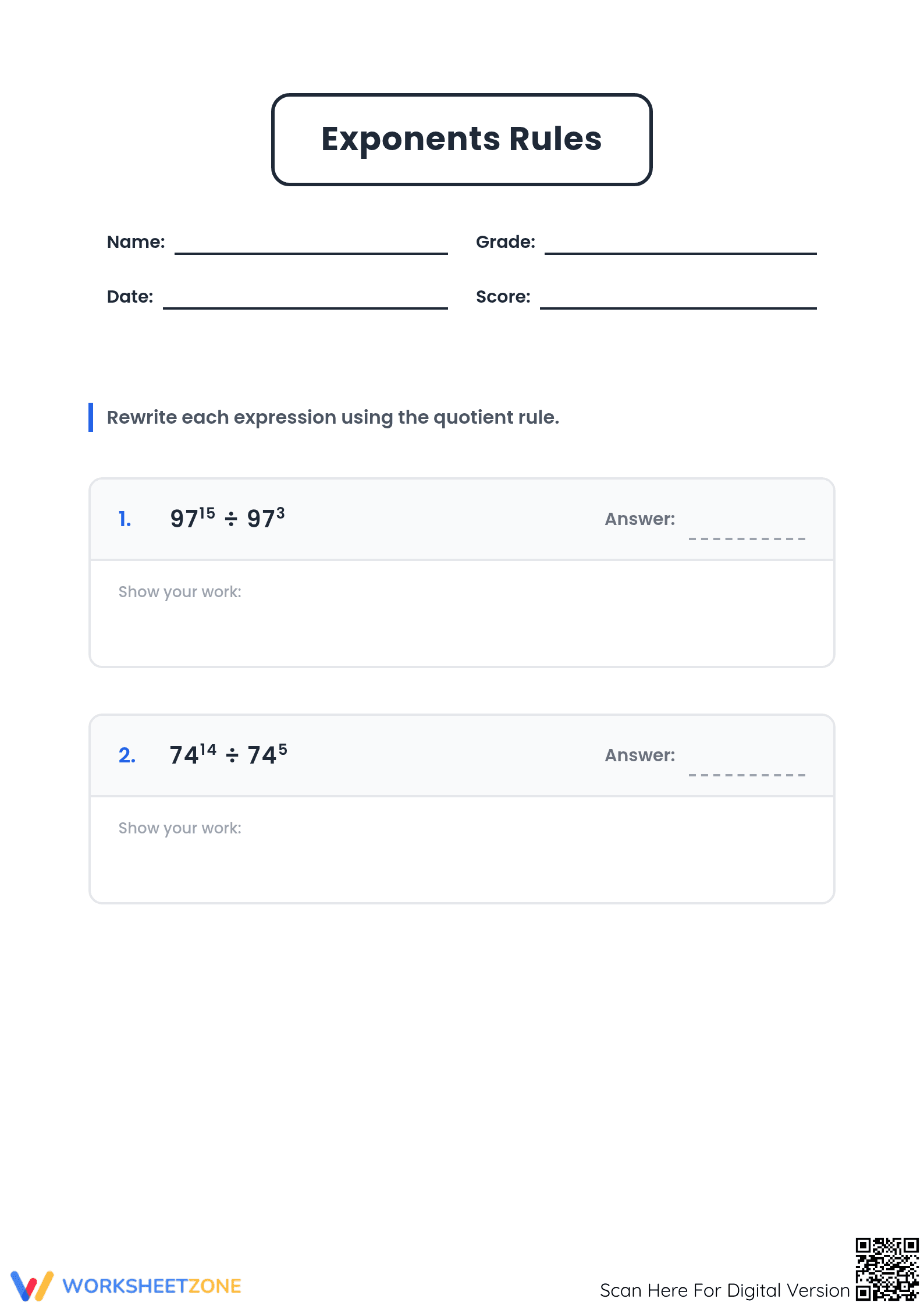 Printable Exponent Quotient Rule Worksheet | Grades 6-8 - Page 1