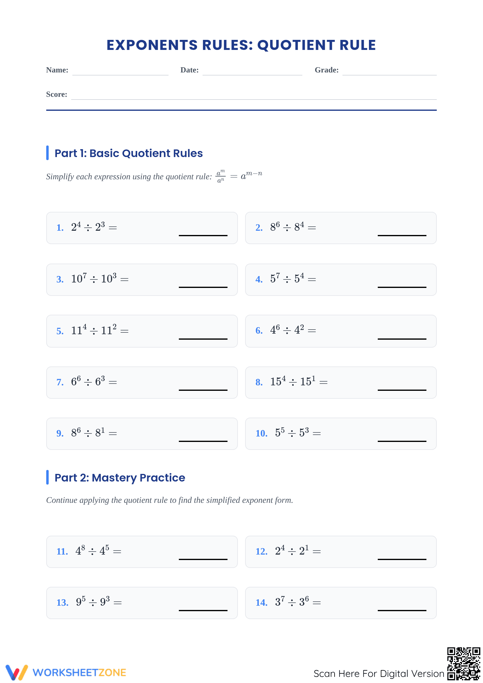 Essential Quotient Rule of Exponents Wksht | Grade 8 Math - Page 1