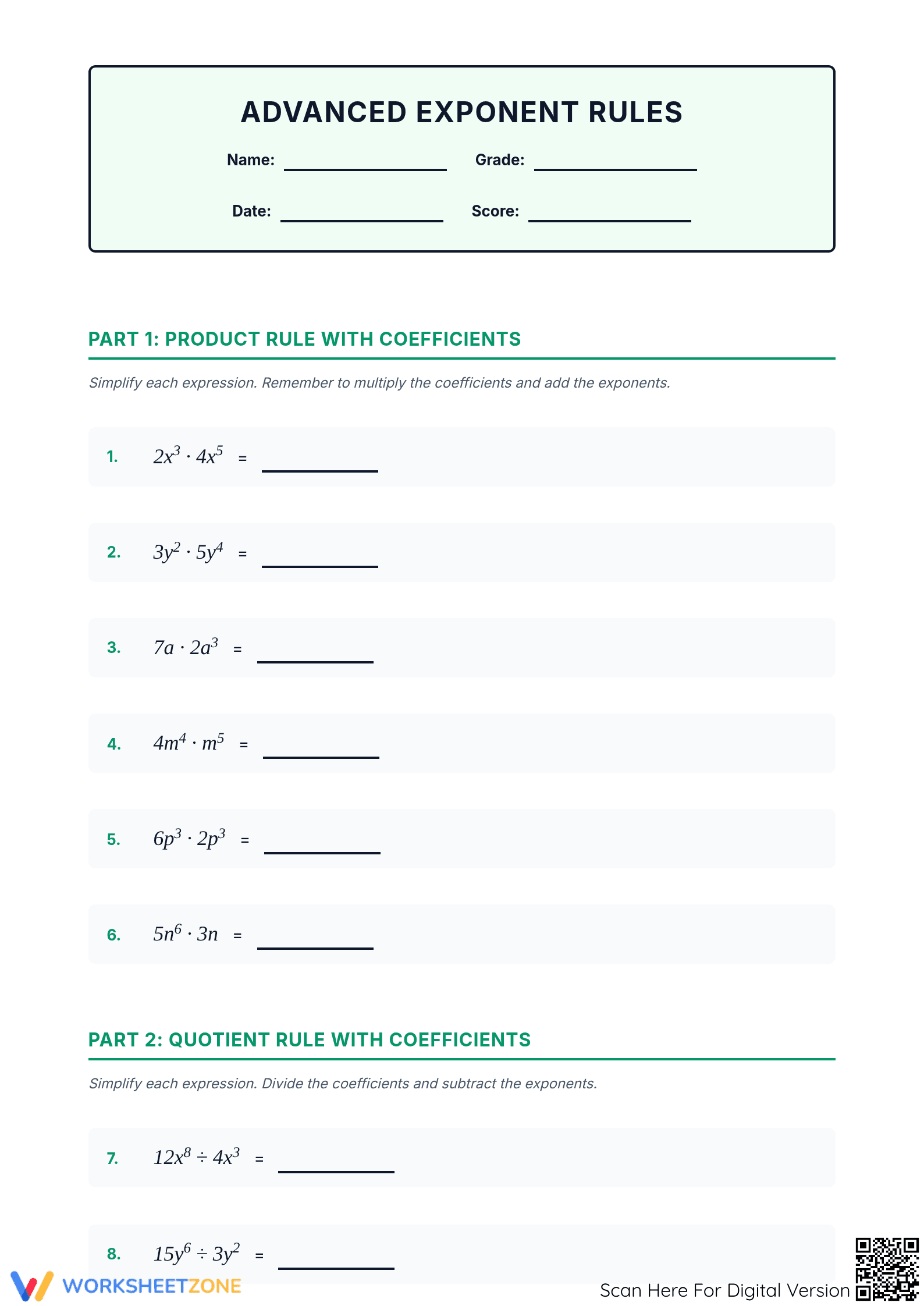 Essential Exponent Rules Practice Worksheet | Printable - Page 1