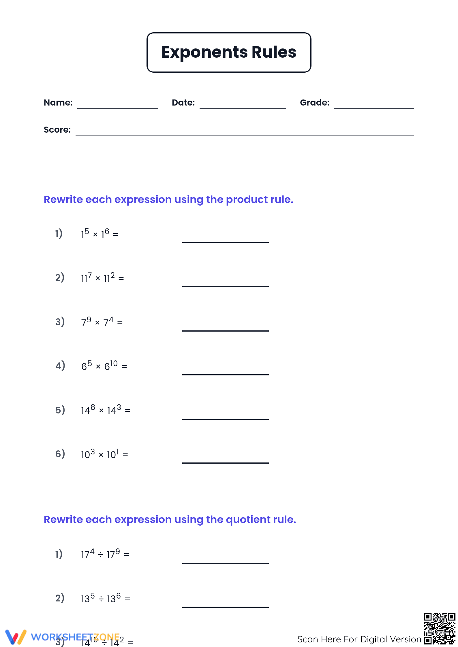 Exponents Rules Practice | Grade 8 Essential Worksheet - Page 1