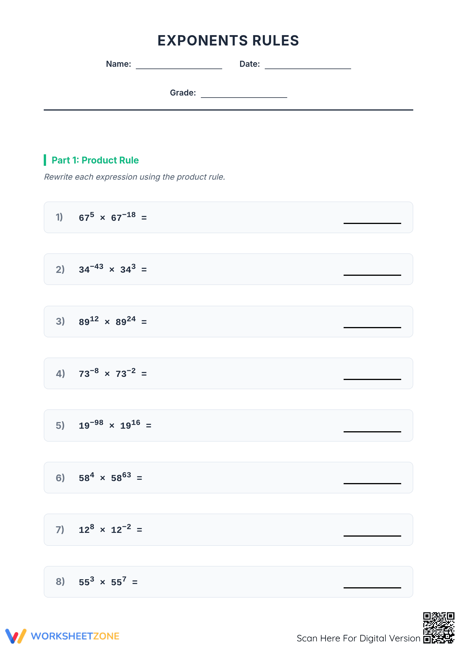 Printable Exponents Rules Worksheet | Grade 8 Math - Page 1