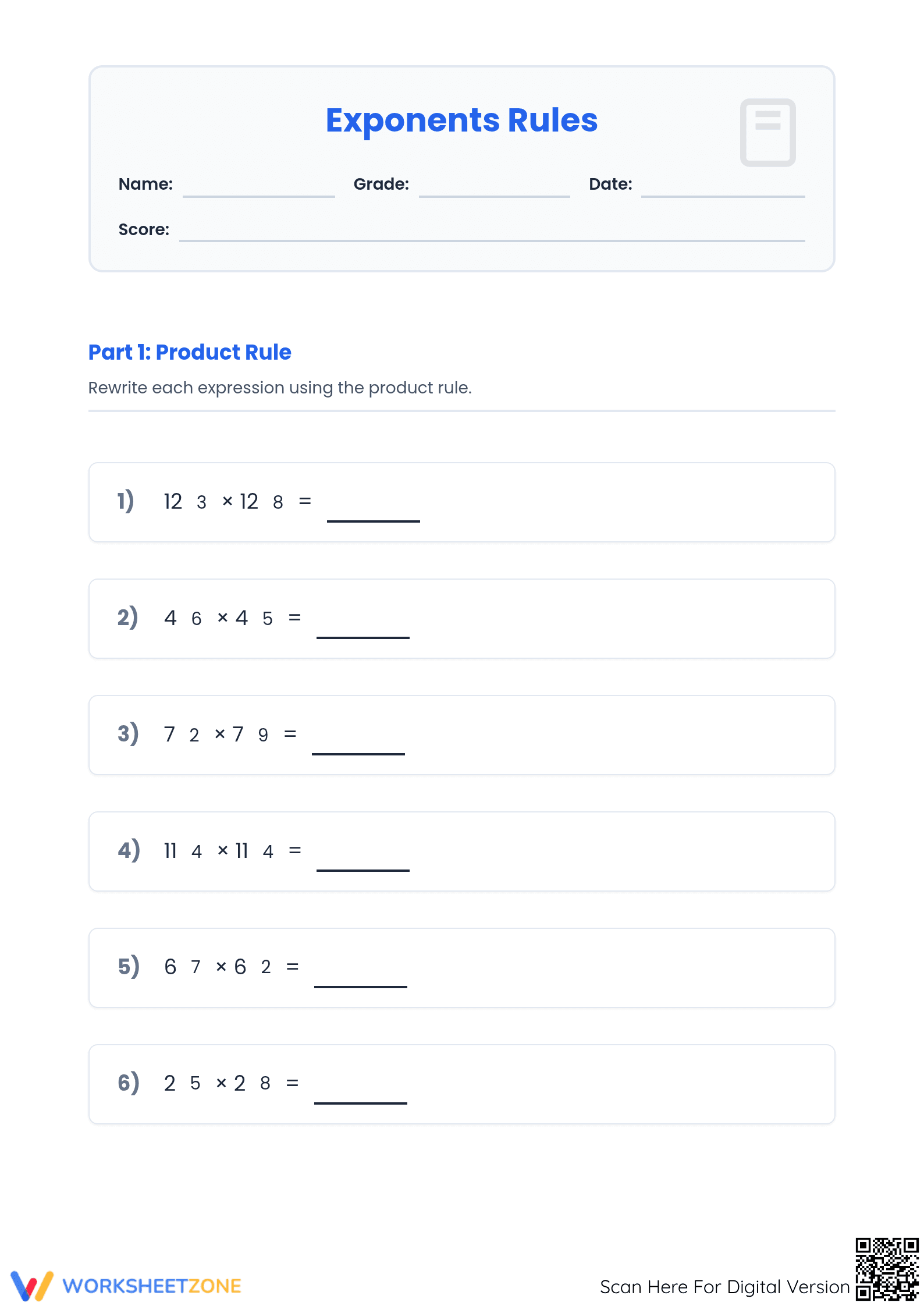 Printable Exponents Rules Worksheet | Grade 8 Math - Page 1