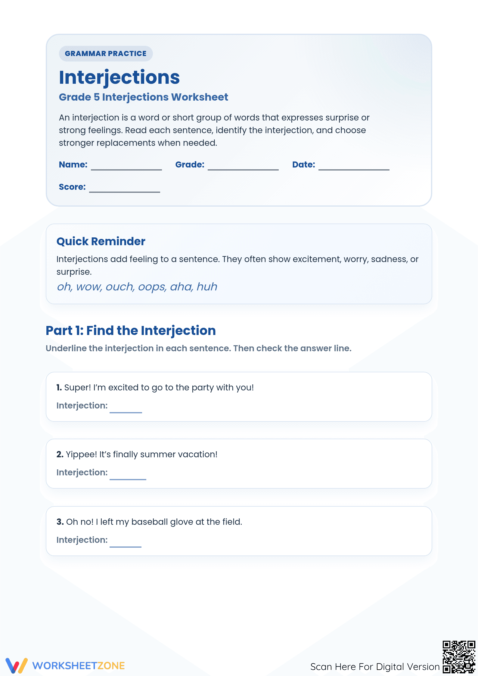 Printable Interjections Worksheet | Grade 5 ELA Grammar - Page 1