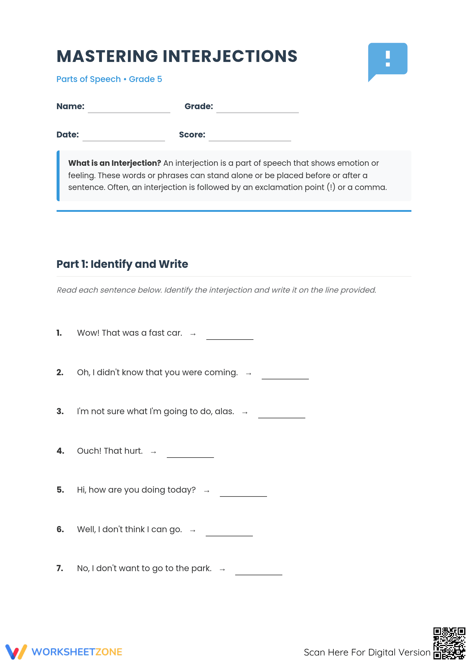 Grade 5 Interjections — Printable No-Prep Worksheet - Page 1