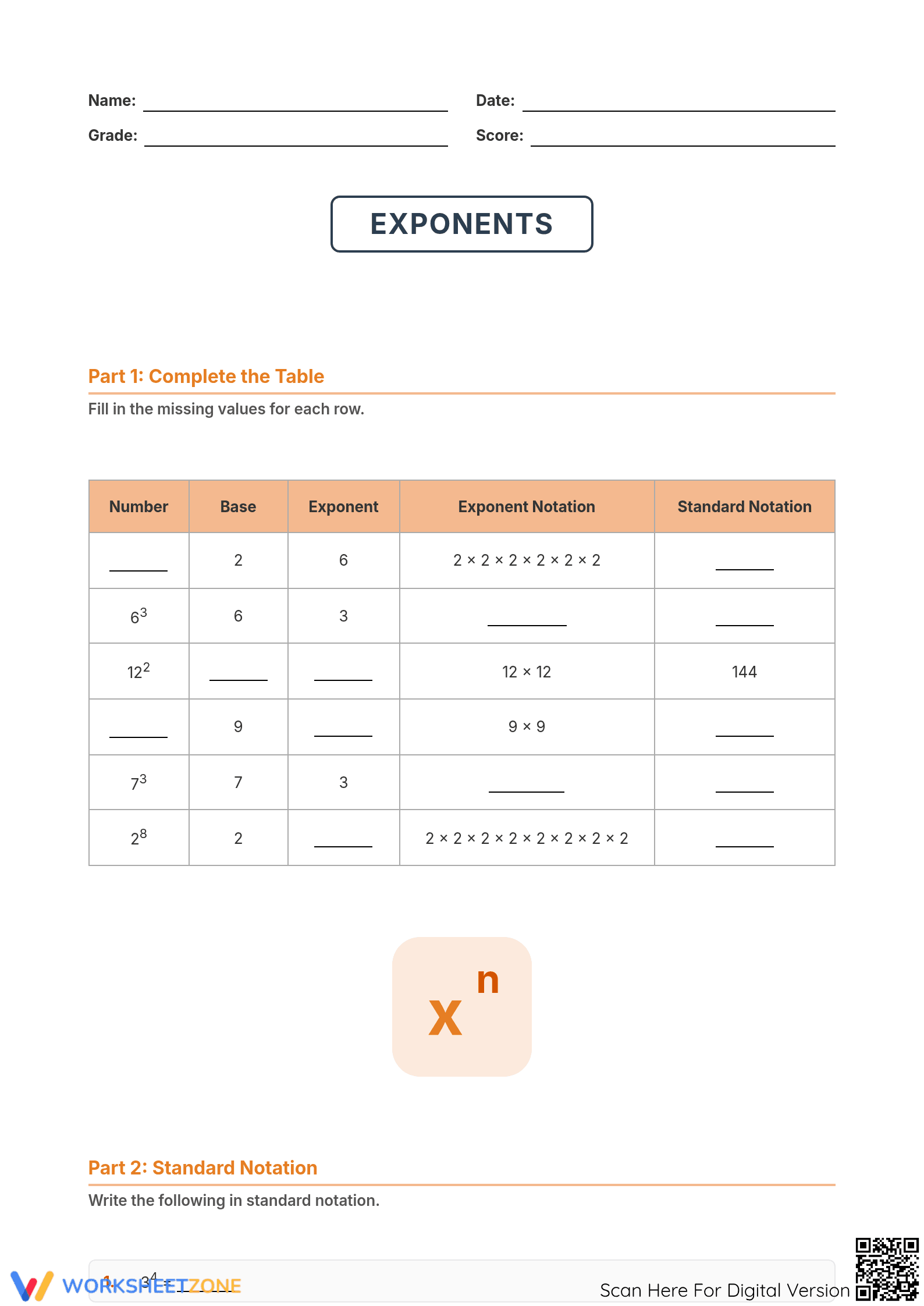 Essential Exponents: Standard Notation Practice — Grades 6-8 - Page 1