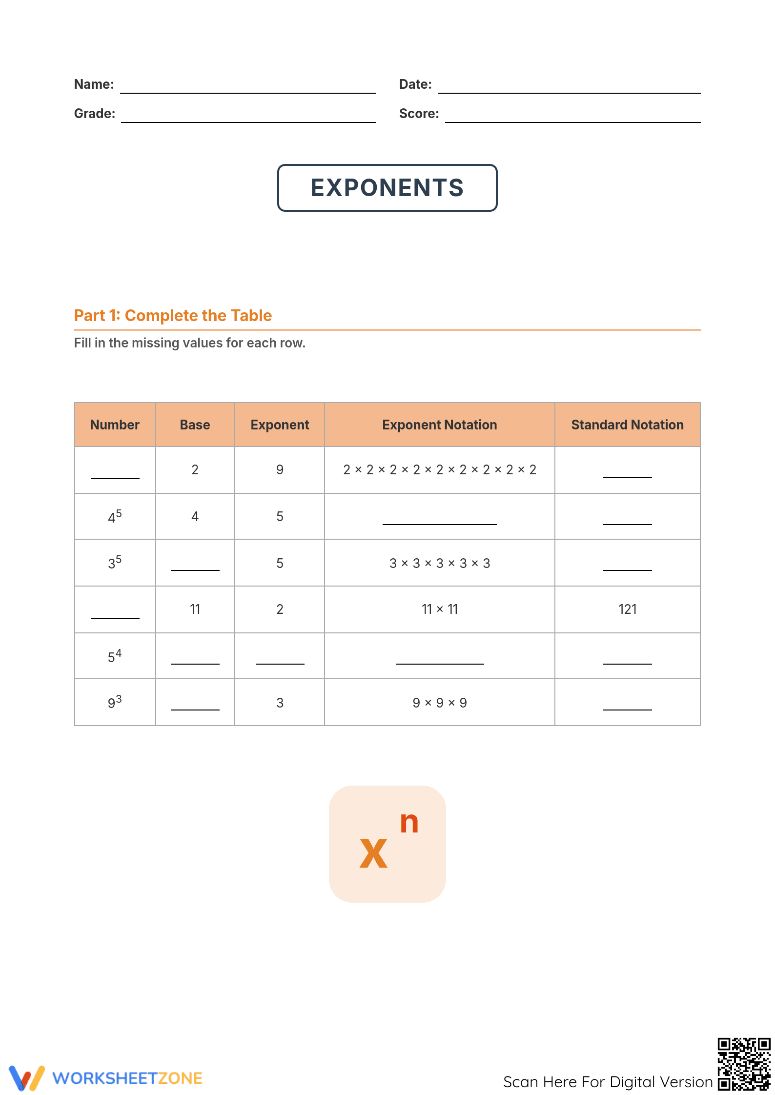 Essential Exponents & Standard Notation Worksheet | Grade 6 - Page 1
