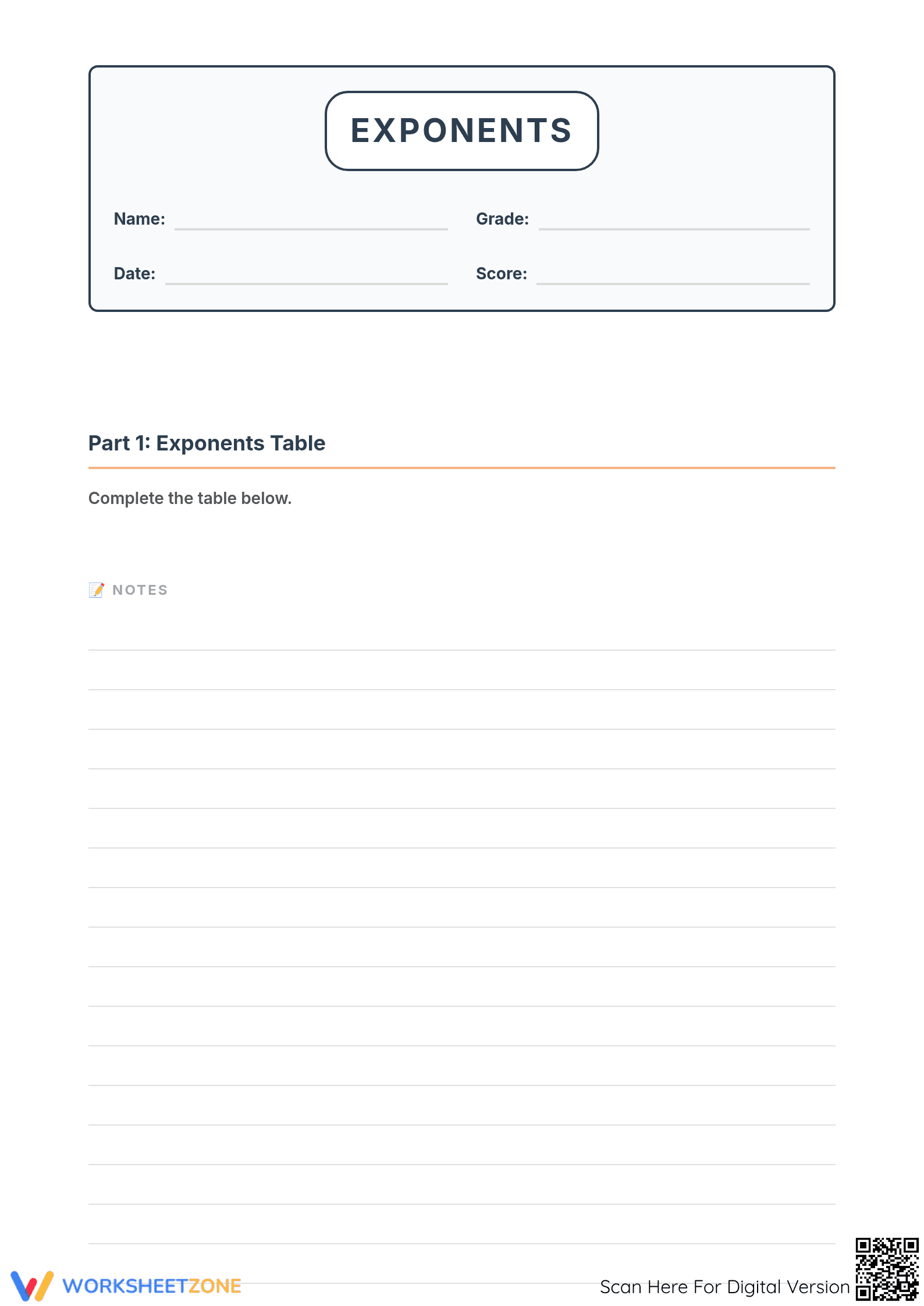 Printable Exponents and Standard Notation Math Worksheet - Page 1