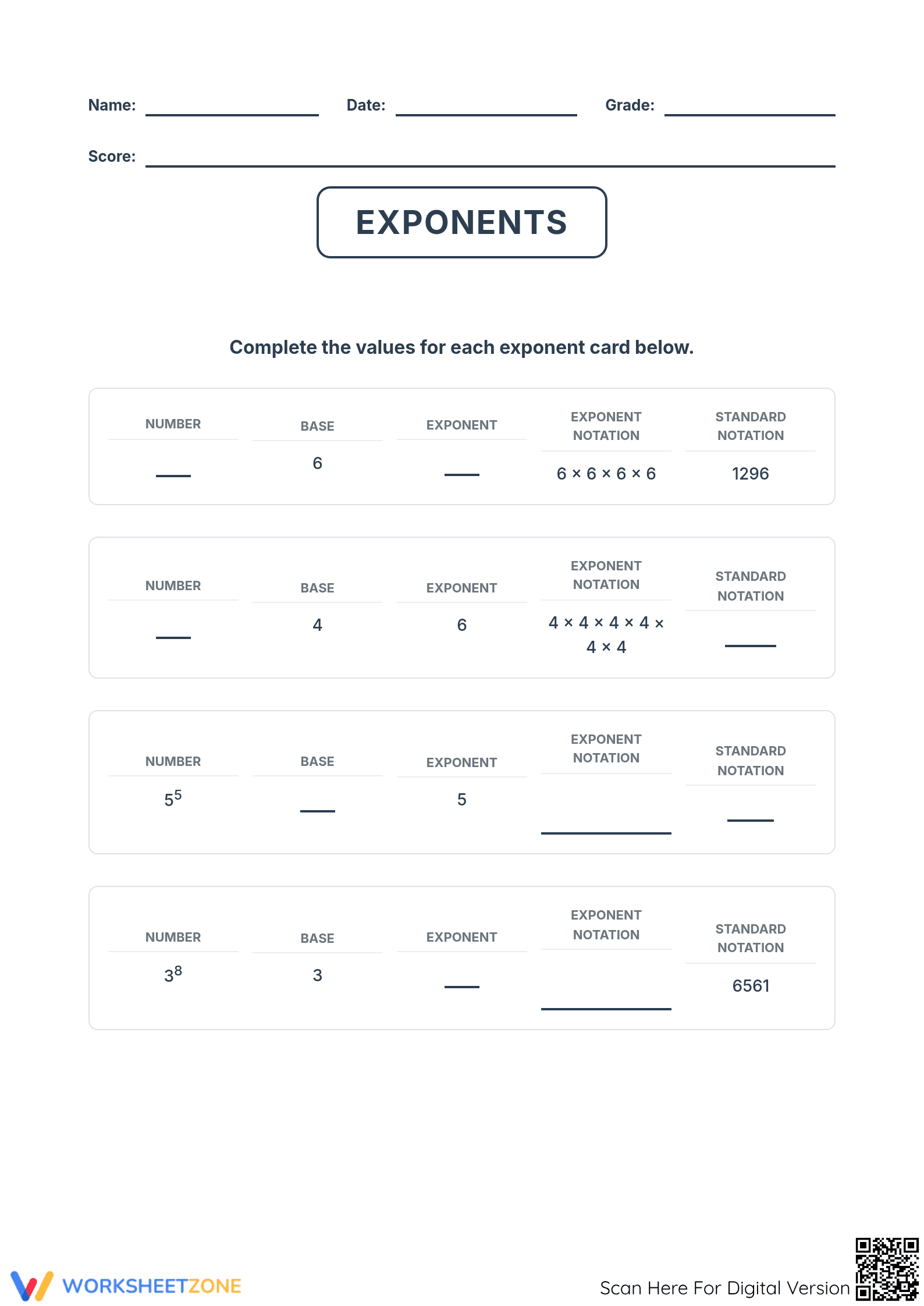 Exponents Standard Notation Worksheet | Essential Math - Page 1