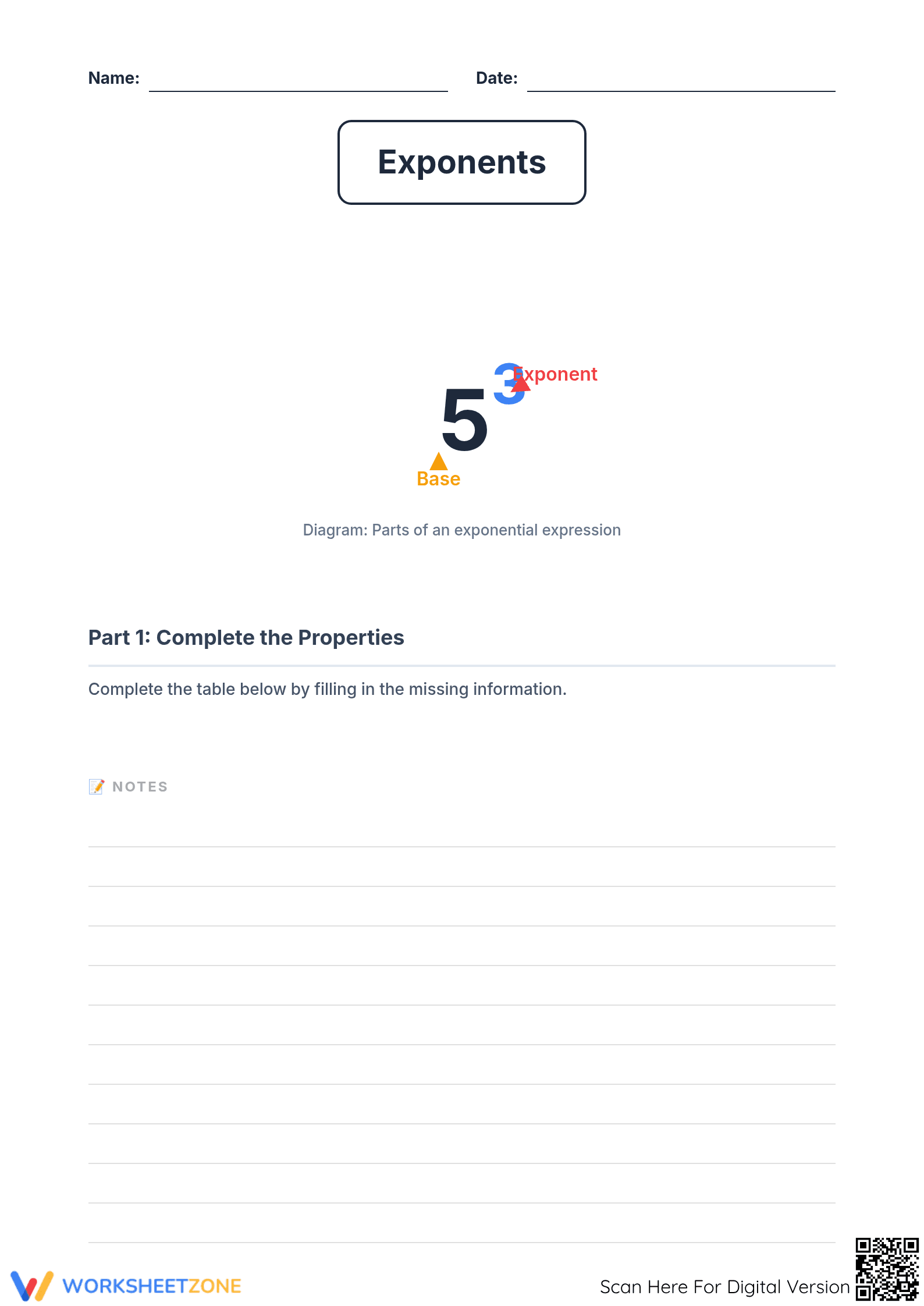 Printable Exponents & Standard Notation Worksheet | Grade 6 - Page 1
