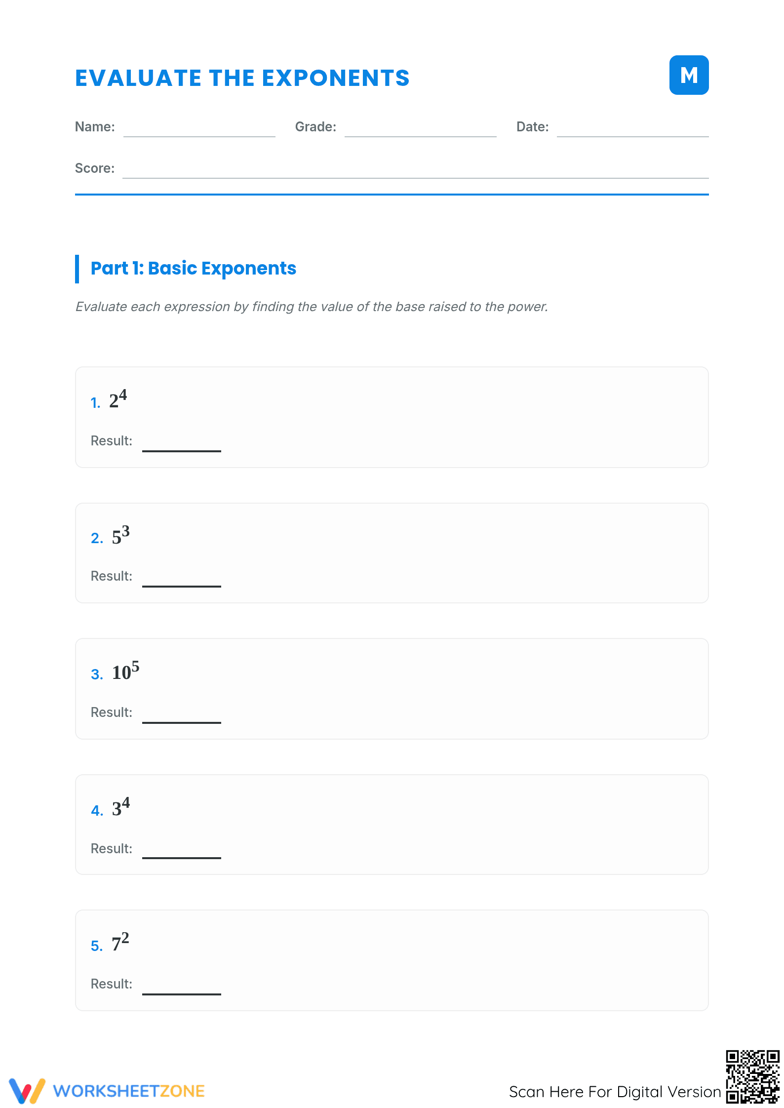 Evaluate Exponents Worksheet | Printable Grade 6-8 Math - Page 1