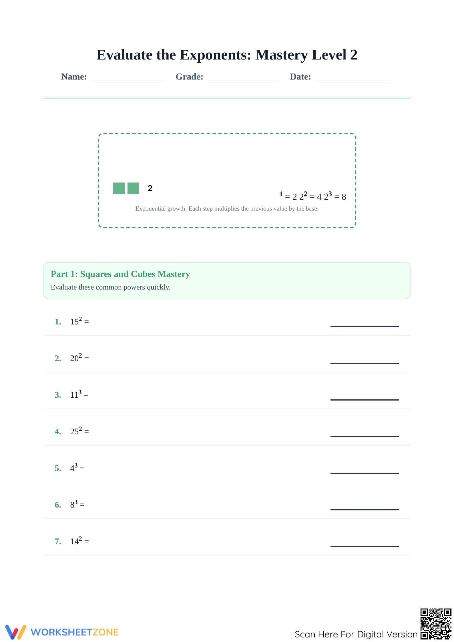 Essential Exponents Practice Worksheet | Grades 6-8 Math - Page 1
