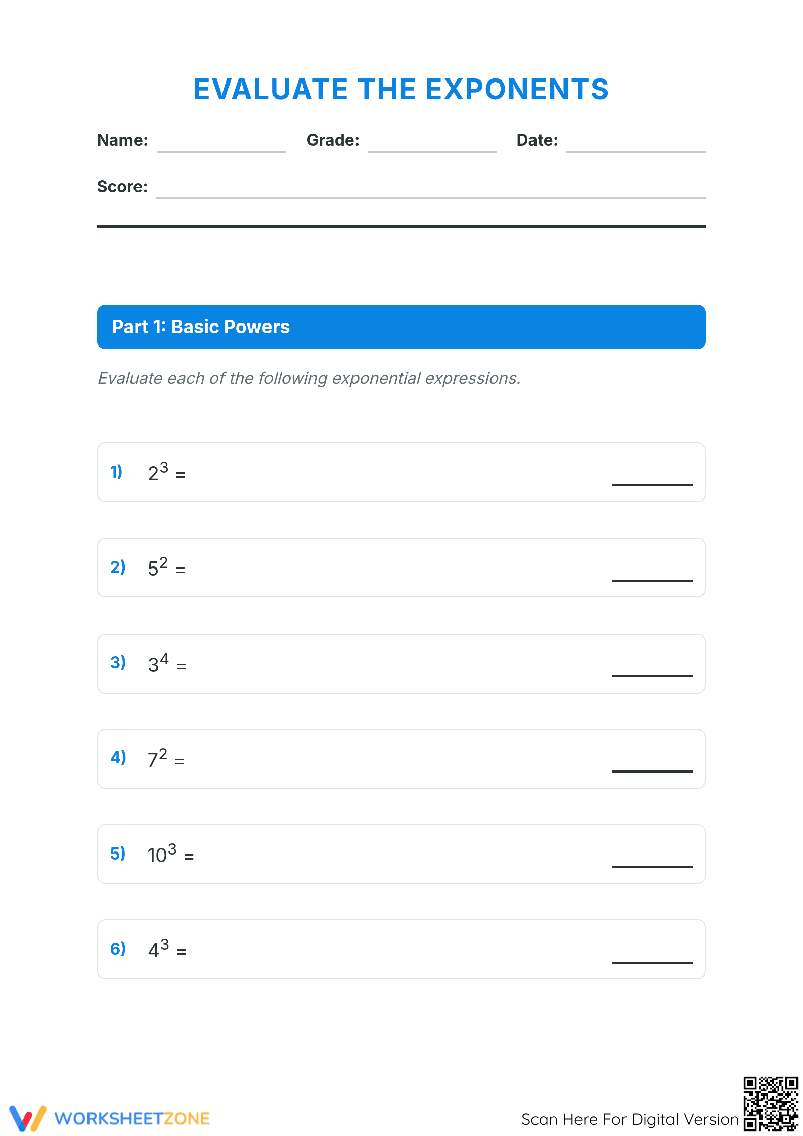 Evaluate Exponents Worksheet | Grade 6-8 Printable Math - Page 1