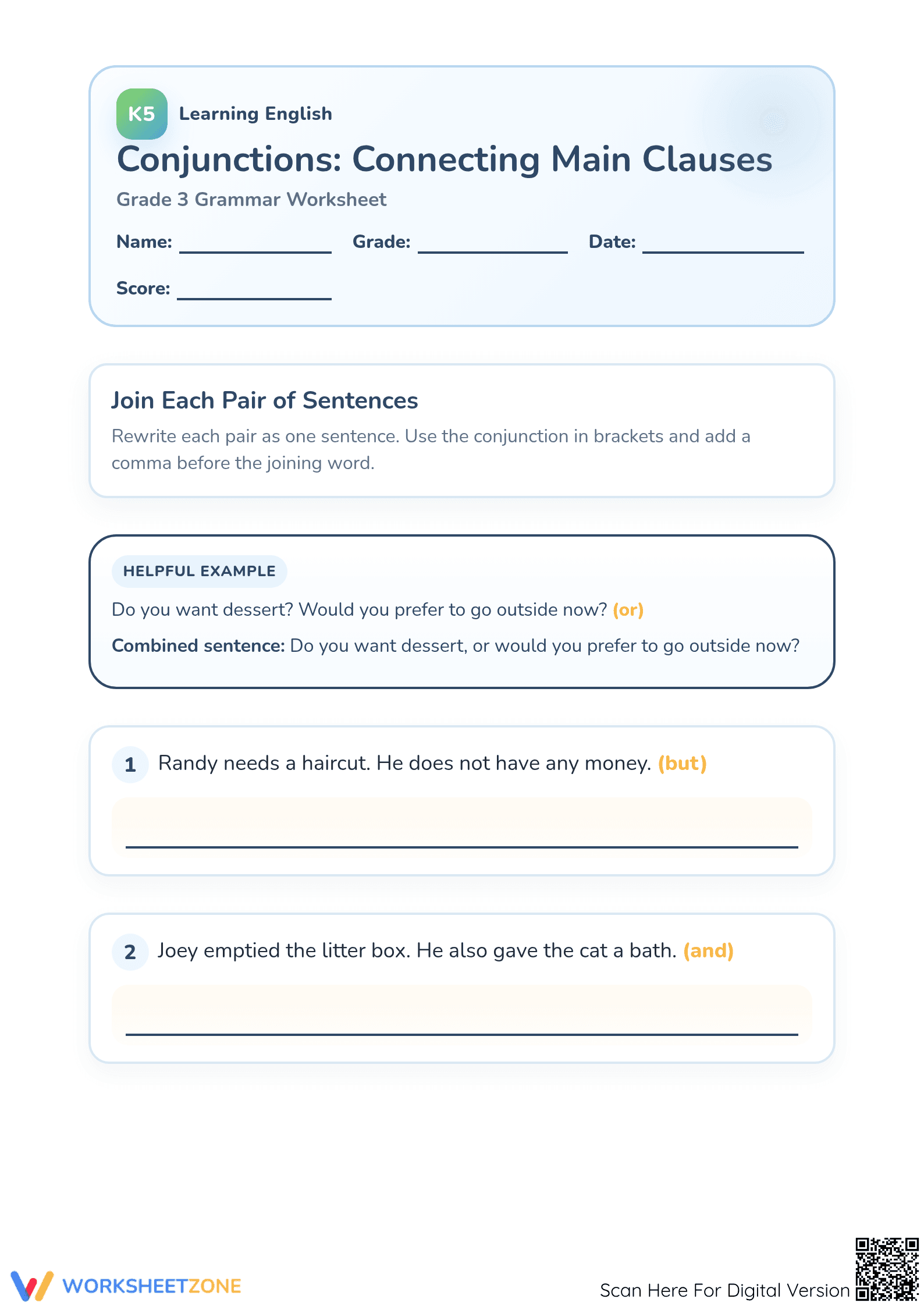 Printable Conjunctions Worksheet | Grade 3 ELA - Page 1