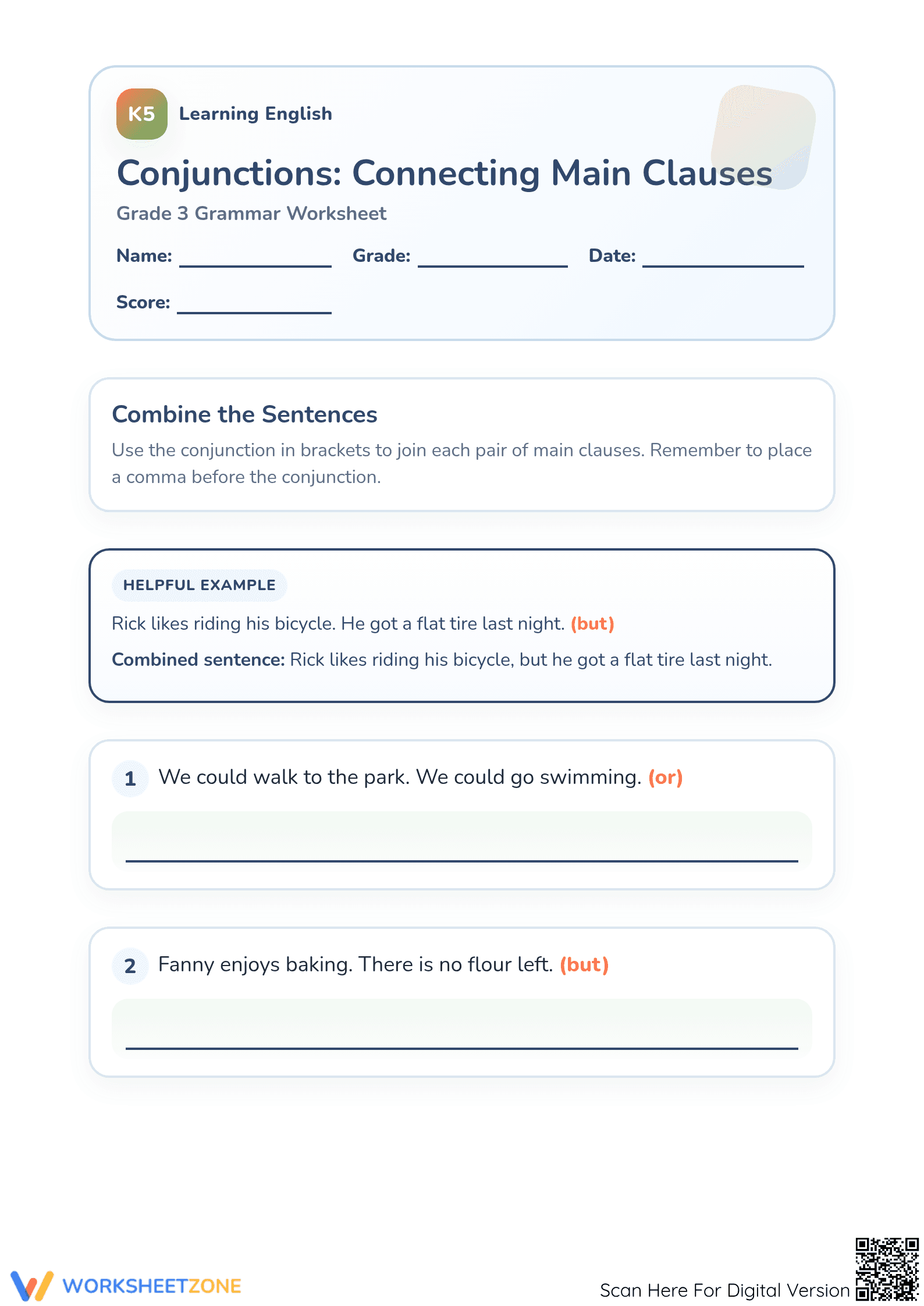 Essential Conjunctions Worksheet | Grade 3 Printable - Page 1