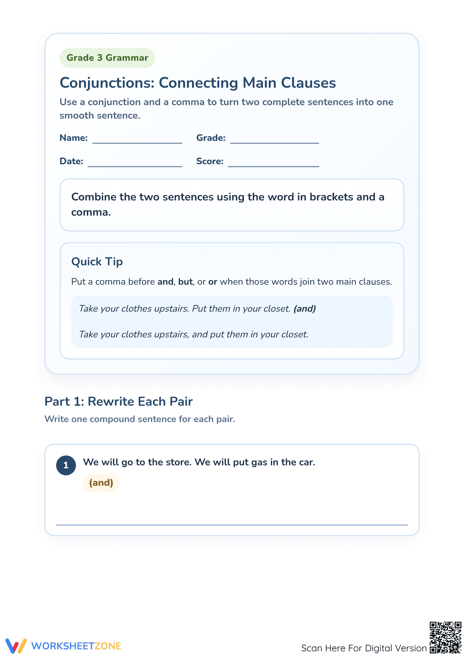 Printable Grade 3 Conjunctions Worksheet: Compound Sentences - Page 1